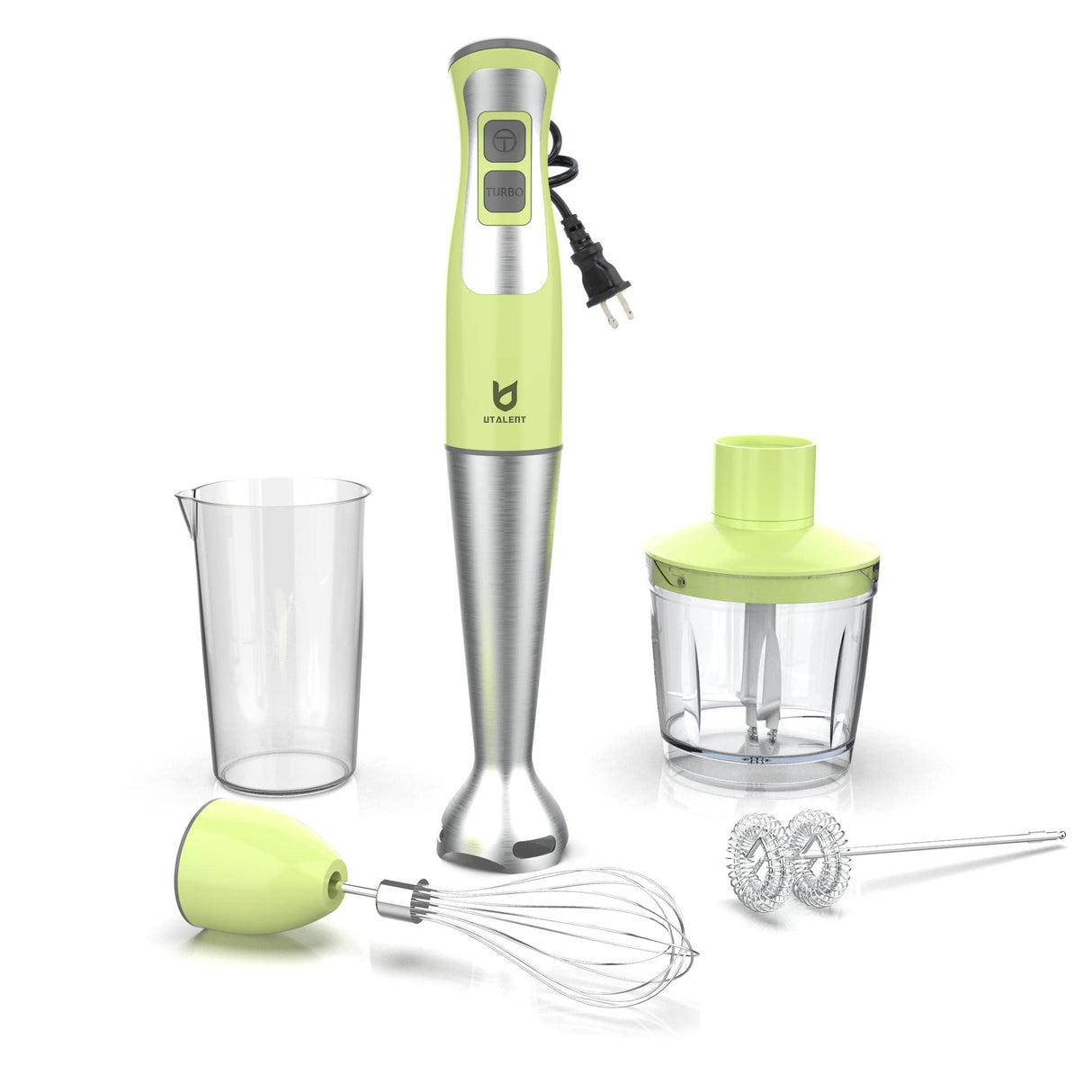 Immersion Hand Blender, UTALENT 5-in-1 8-Speed Stick Blender with 500ml Food Grinder, BPA-Free, 600ml Container,Milk Frother,Egg Whisk,Puree Infant Food, Smoothies, Sauces and Soups - Green UTALENT
