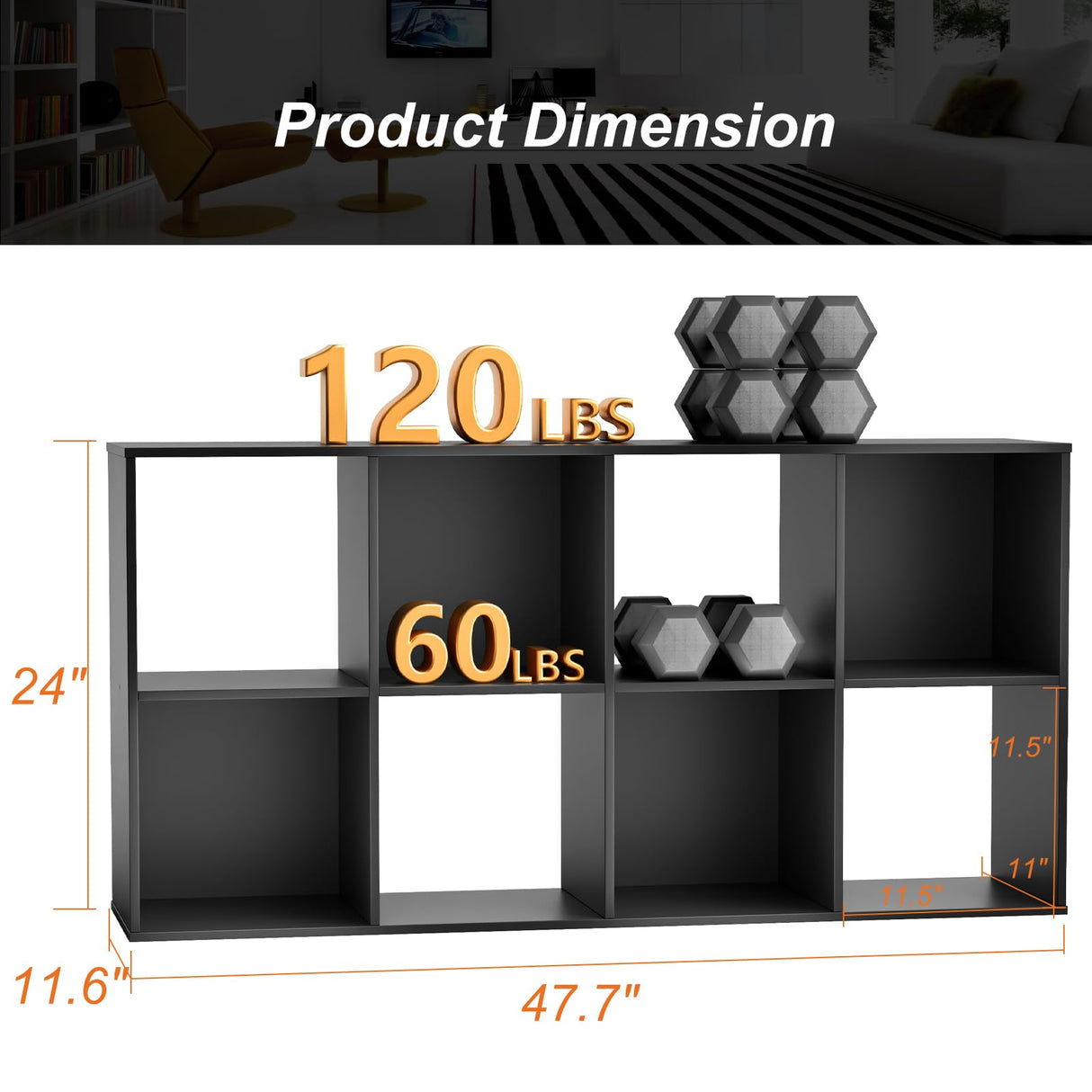 Sweetcrispy 8 Cube Storage Organizer - Open Cube Bookshelf with 4 Removable Back Panels, Display Storage Bookcase for Living Room, Bedroom, Entrance Hall, Home Office,47.7" L×11.6" W×24" H, Black Sweetcrispy