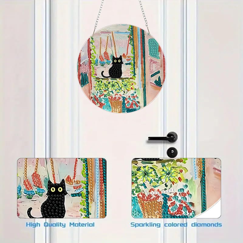 Black Cat Hanging Diamond Art Kits for Adults, Special Shaped Diamond Painting Pendant, DIY Acrylic Crystal Window Pendants Kits for Home Garden Wall, 5D Gem Art Ornament Kit Window Suncatcher GemZono
