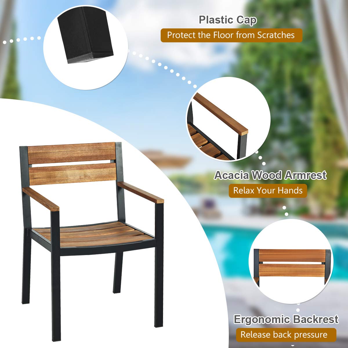 ORALNER 7 Pieces Patio Dining Set, Steel Outdoor Furniture Set w/ 2.16” Umbrella Hole & Acacia Wood Top, 6 x Chairs & Large Rectangle Dining Table for Balcony, Deck, Backyard, Garden, Poolside ORALNER