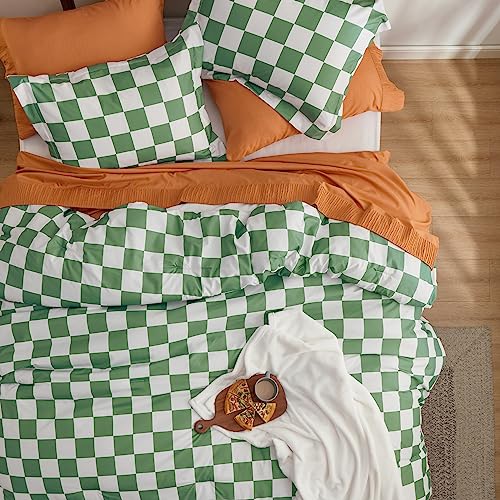 Bedsure Comforter Set Queen Size - Checkered Bedding Comforter Set for Boys, 3 Pieces, 1 Soft Green Comforter and 2 Pillow Shams Bedsure