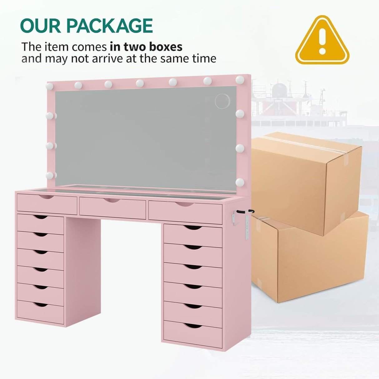 Yanosaku 15 Drawers Vanity Desk with Power Outlet, Makeup Table with Mirror and 13 LED Lights, 3 Color Lighting Modes, Brightness Adjustable, Glass Top Dressing Table, Vanity Set for Bedroom (Pink) Yanosaku