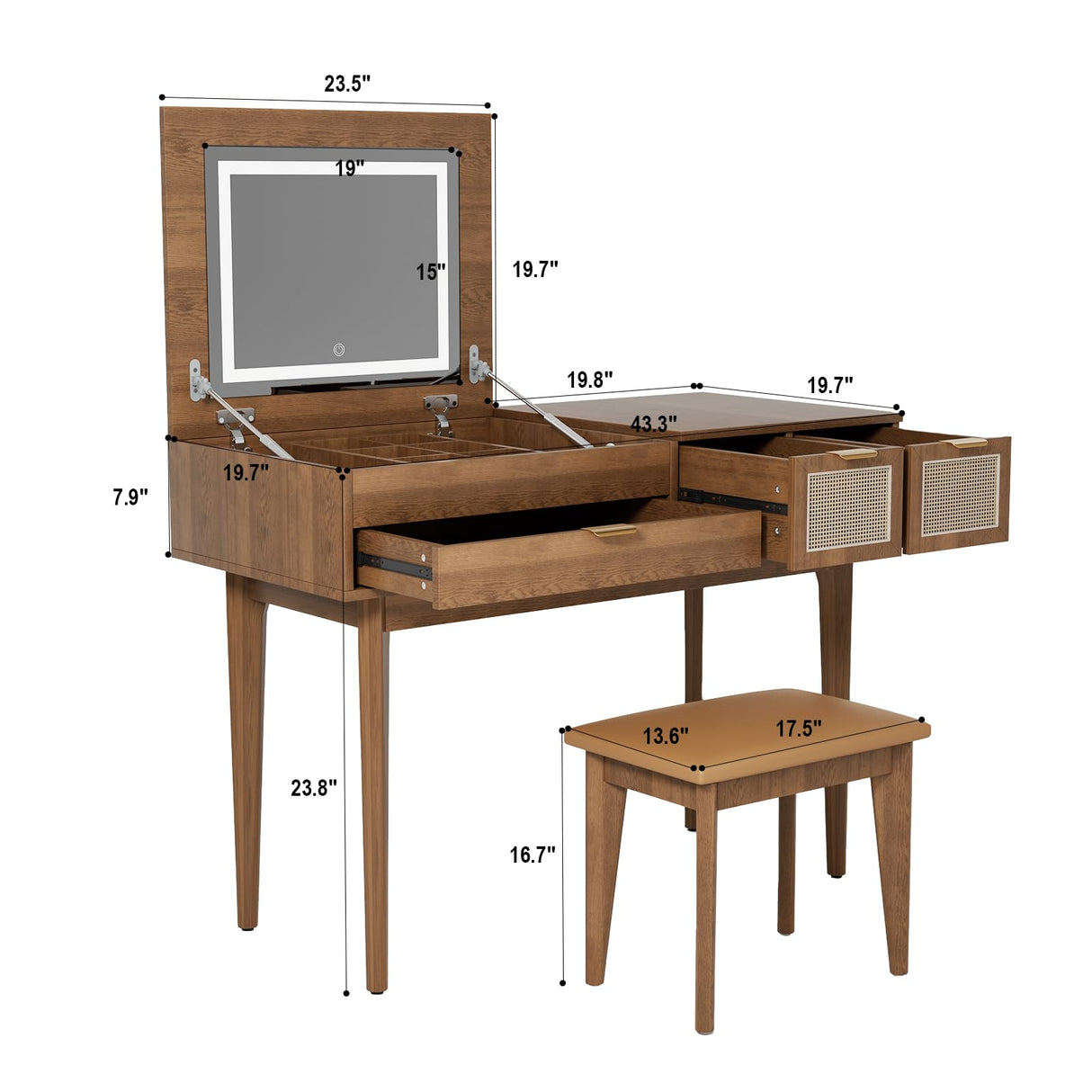 EDWINENE Vanity Desk with Lighted Mirror, Makeup Vanity with Flip-Top Mirror, Vanity Dressing Table Set with Stool, 3 LED Modes Light and 3 Drawers for Bedroom (Brown) EDWINENE