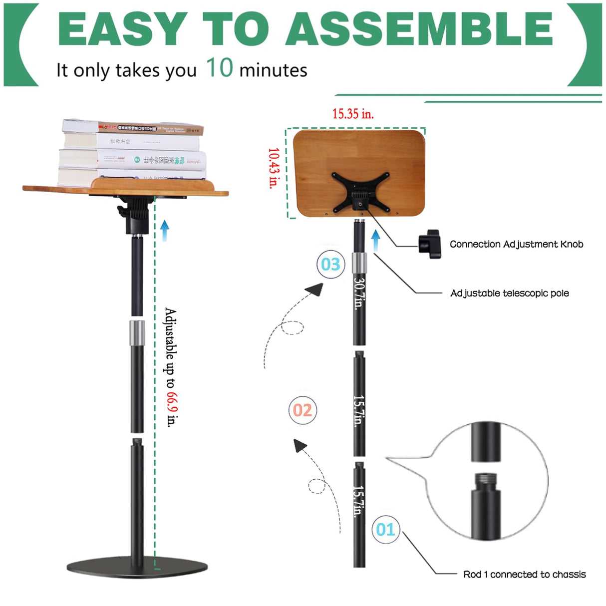 Adjustable to 67in Standing Book Stand, Book Holders for Reading Hands Free with Pedestal,Wood Music Sheet ,Podium& Bible& Cookbooks Display Stands Blinrfilal