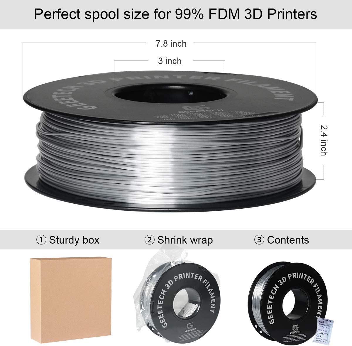 Geeetech Silk PLA Filament 1.75mm for 3D Printer, Metal-Like Shiny Consumable 1kg (2.2lbs) 1 Spool, Dimensional Accuracy +/- 0.03 mm,Metallic Silver Geeetech