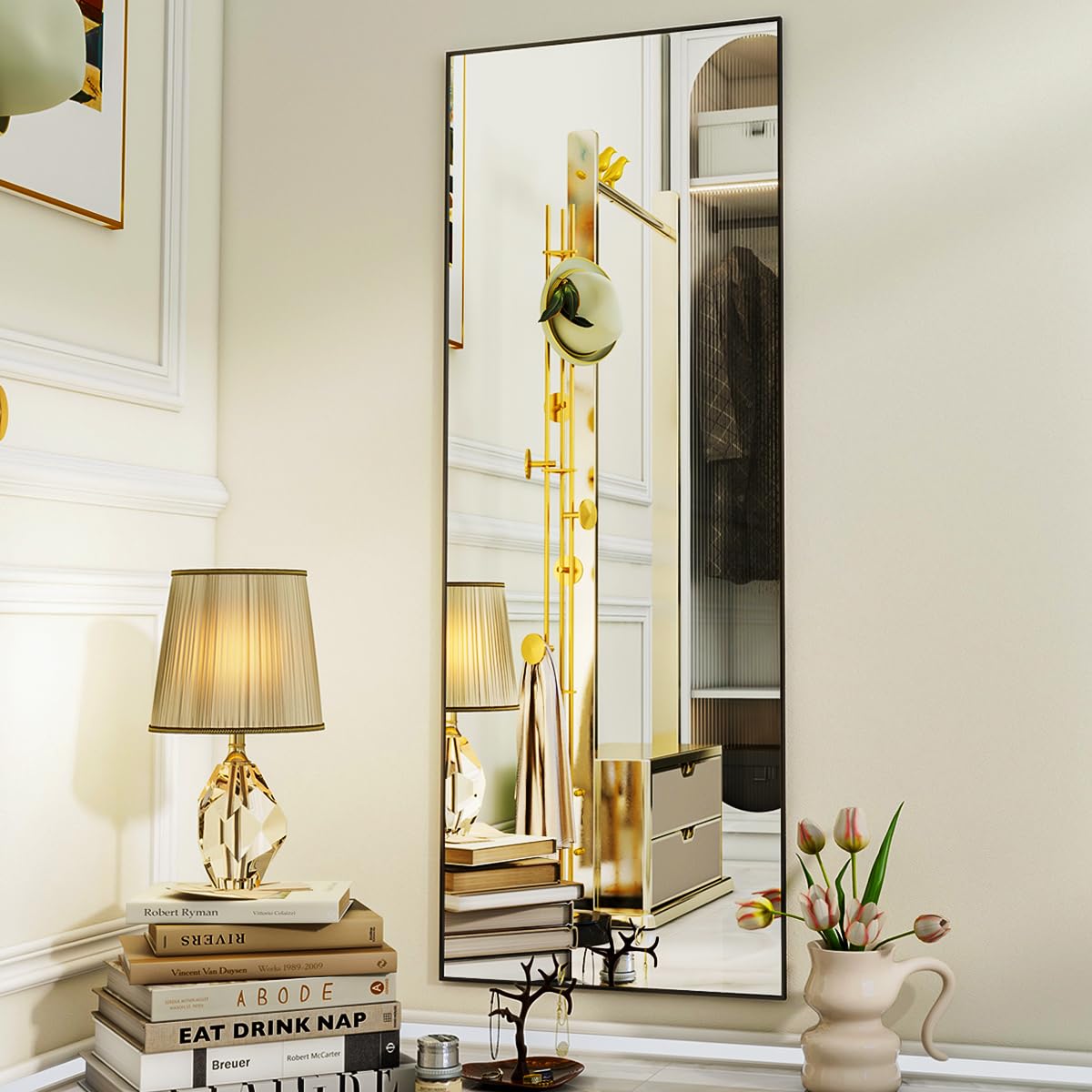 VooBang Mirror Full Length, 21" x 57" Floor Mirror with Stand, Aluminum Alloy Frame Full Body, Standing Hanging or Leaning Against Wall for Bedroom and Living Room, Black VooBang