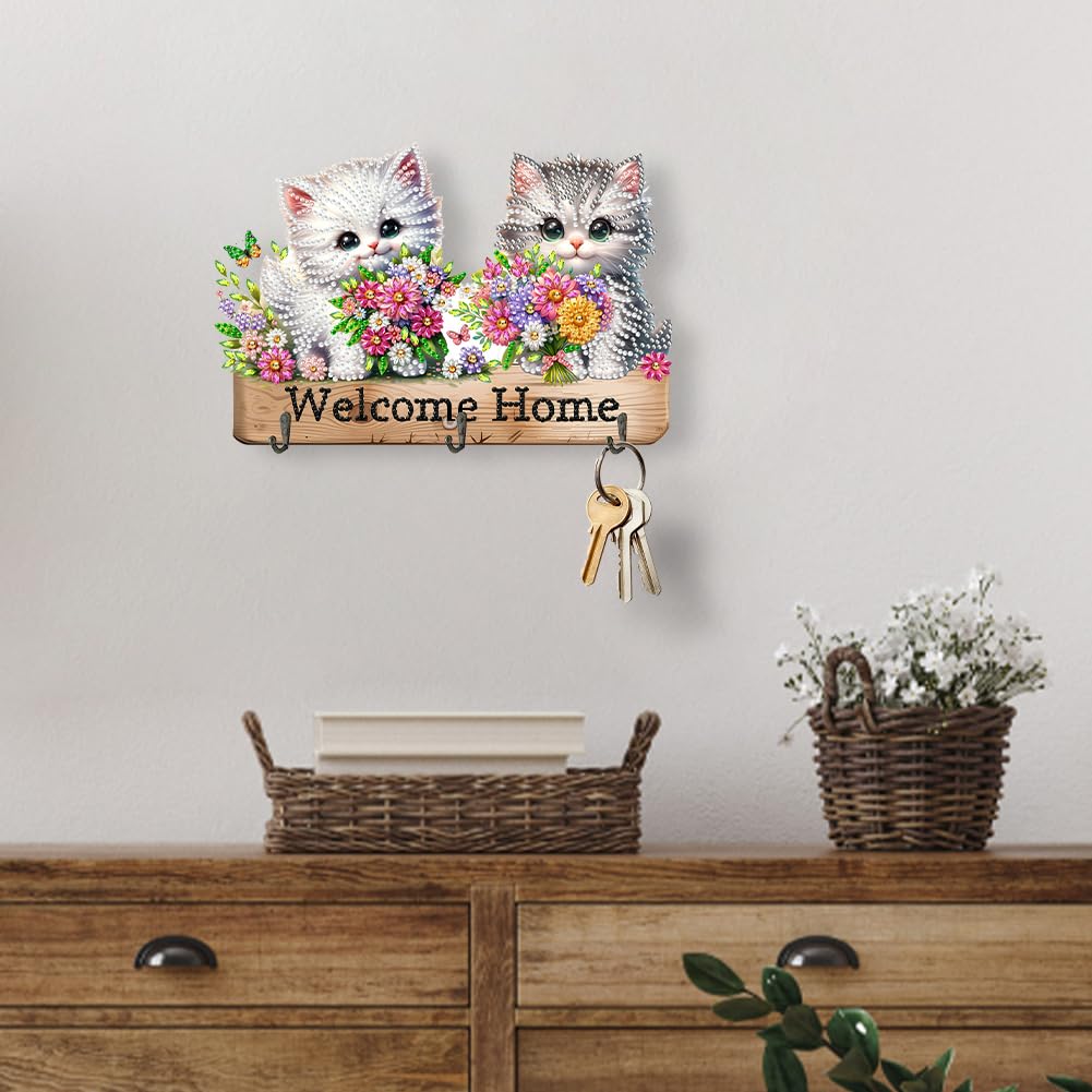 Diamond Art Kits for Adults, DIY Diamond Painting Key Holder for Wall with 3 Hooks for Hanging Keys, Sunglasses, Bag (Cats) WoodArtSupply