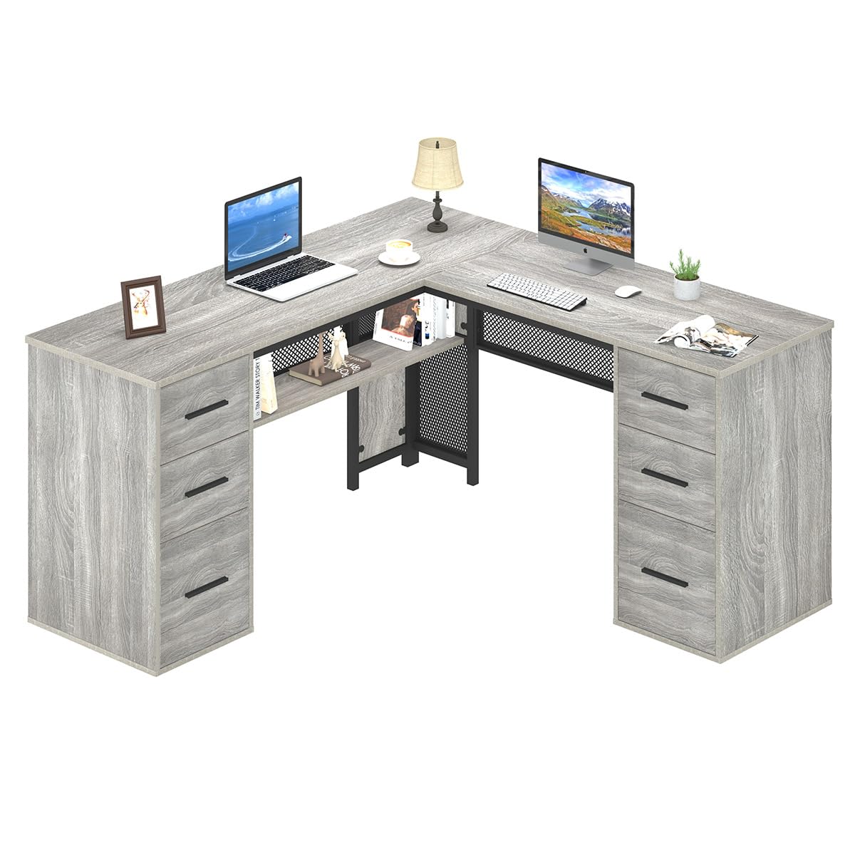 HSH Large L Shaped Desk with Storage File Cabinet,Corner L-Shaped Computer Desk with Drawers Shelves, Home Office Bedroom Metal Wood Study Writing Table Executive Workstation, Light Grey Oak, 59 Inch HSH