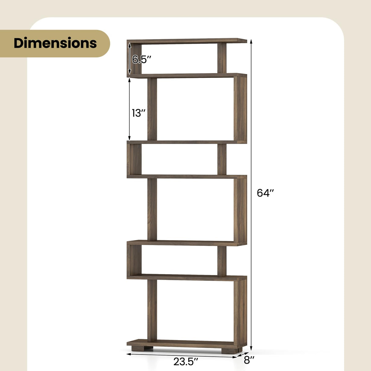 SILKYDRY 6 Tier Geometric Bookshelf, S Shaped Bookshelf with Anti-toppling Kits, Freestanding Room Divider Bookcase, 64" Tall Staggered Display Shelf for Living Room Bedroom (2, Walnut) SILKYDRY