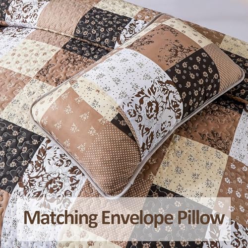 Mybedsoul Brown Quilt Set Twin Size, 2 Pieces Plaid Floral Bedspread Set Patchwork Reversible Bedding Set Microfiber Lightweight Bedspread Coverlet Set for All Season 68"x86" Mybedsoul