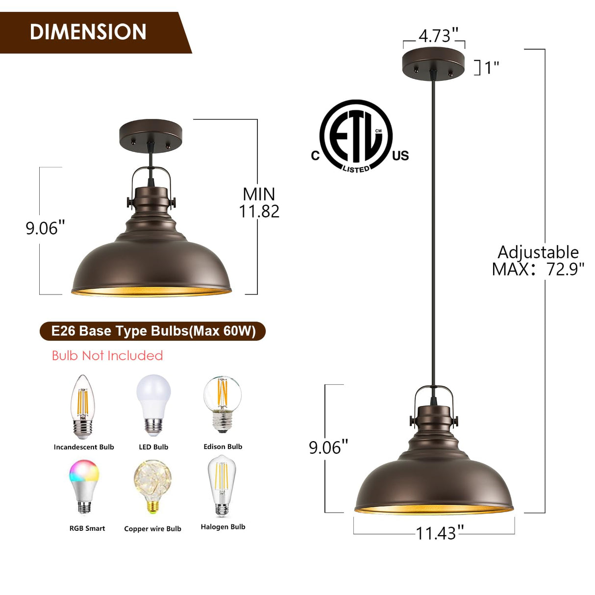 Refice 3 Packs Farmhouse Pendant Lights, Oil Rubbed Bronze Pendant Lighting, lsland Pendant Lights for Kitchen lsland lndustrial Adjustable Height Dome Hanging Lights for Barn, Dining Room Refice
