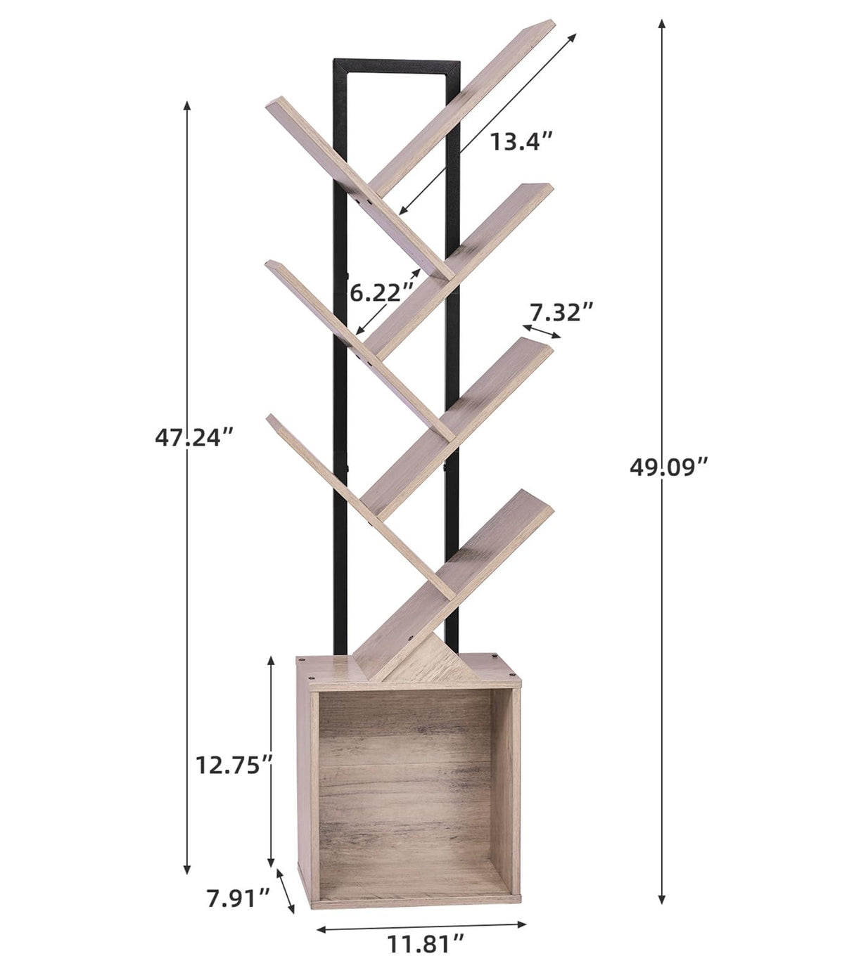 YSVCO Tree Bookshelf Bookcase with Storage Cabinet, 7-Tier Modern Corner Bookshelves, Narrow Wood Book Rack, Mini Floor Standing Book Organizer for Kid Room, Bedroom, Living Room, Home Office, CD/DVD YSVCO