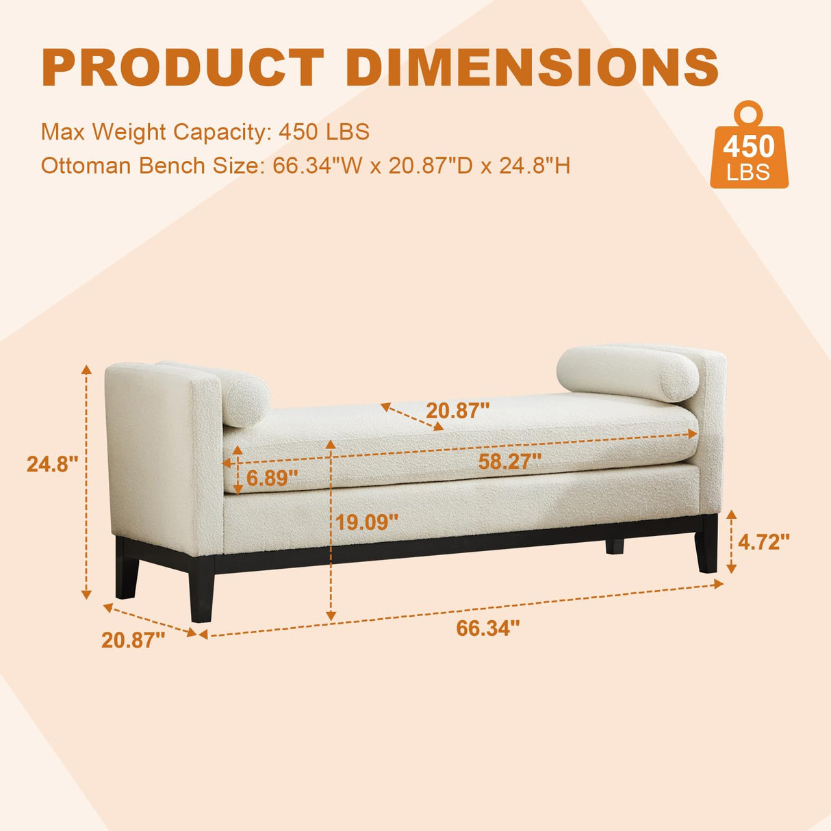 66.34 Inch End of Bed Bench, Upholstered Bedroom Ottoman Bench with Wood Legs, Elegant Ottoman with Bolster Pillows, Soft Fabric, for Living Room, Bedroom, End of Bed - Ivory WCFI