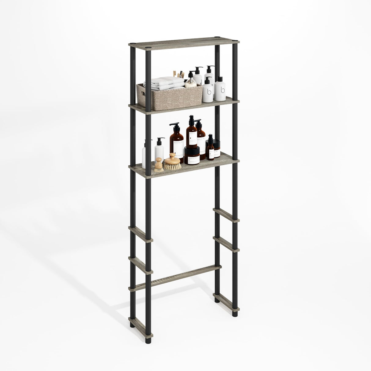 Furinno Turn-N-Tube Freestanding Over-The-Toilet Bathroom Shelves, Storage Rack with 3 Shelves, Grey Oak/Black Furinno