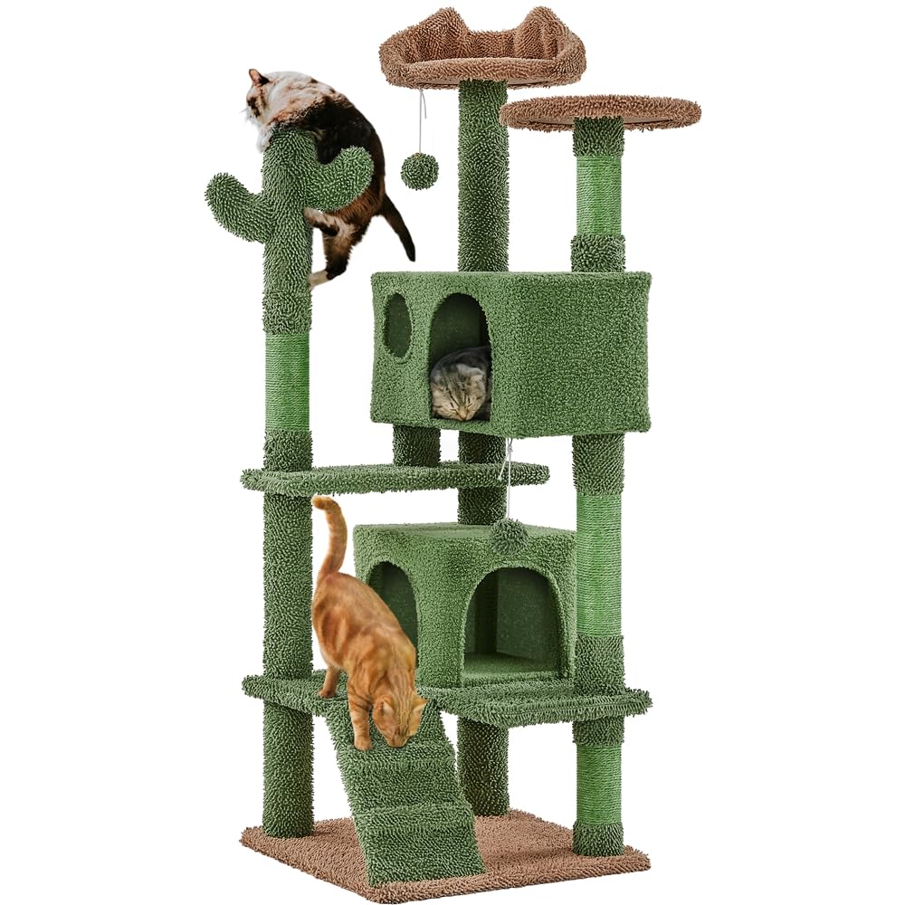 Yaheetech Cactus Cat Tree, 54.5in Tower w/Ramp, Animal-Ear Shaped Perch, Scratching Posts, Platform & Hanging Ball, Multi-Level Condo for Indoor Kittens, Green/Brown Yaheetech