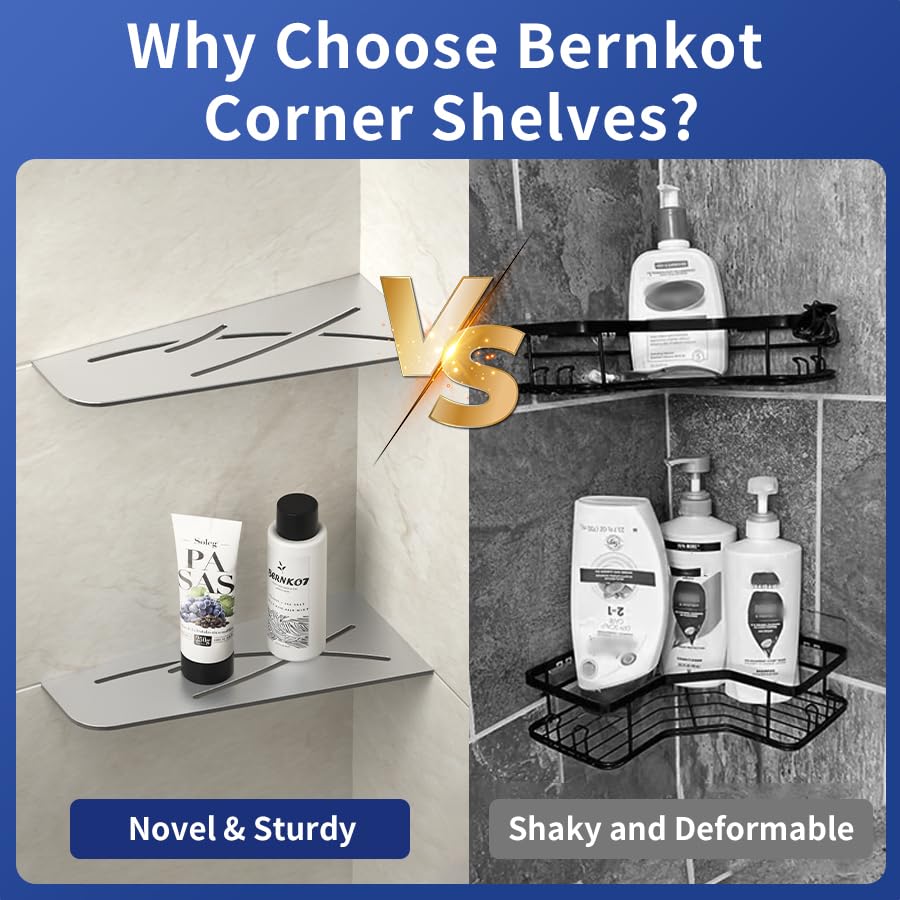 Bernkot Corner Shower Shelf 12" Brushed 304 Stainless Steel Quadrilateral Corner Shelves Recessed Bathroom Storage Shampoo Holder Organizer Kitchen Shelf Rack 2 Pack, No Drilling Needed Bernkot