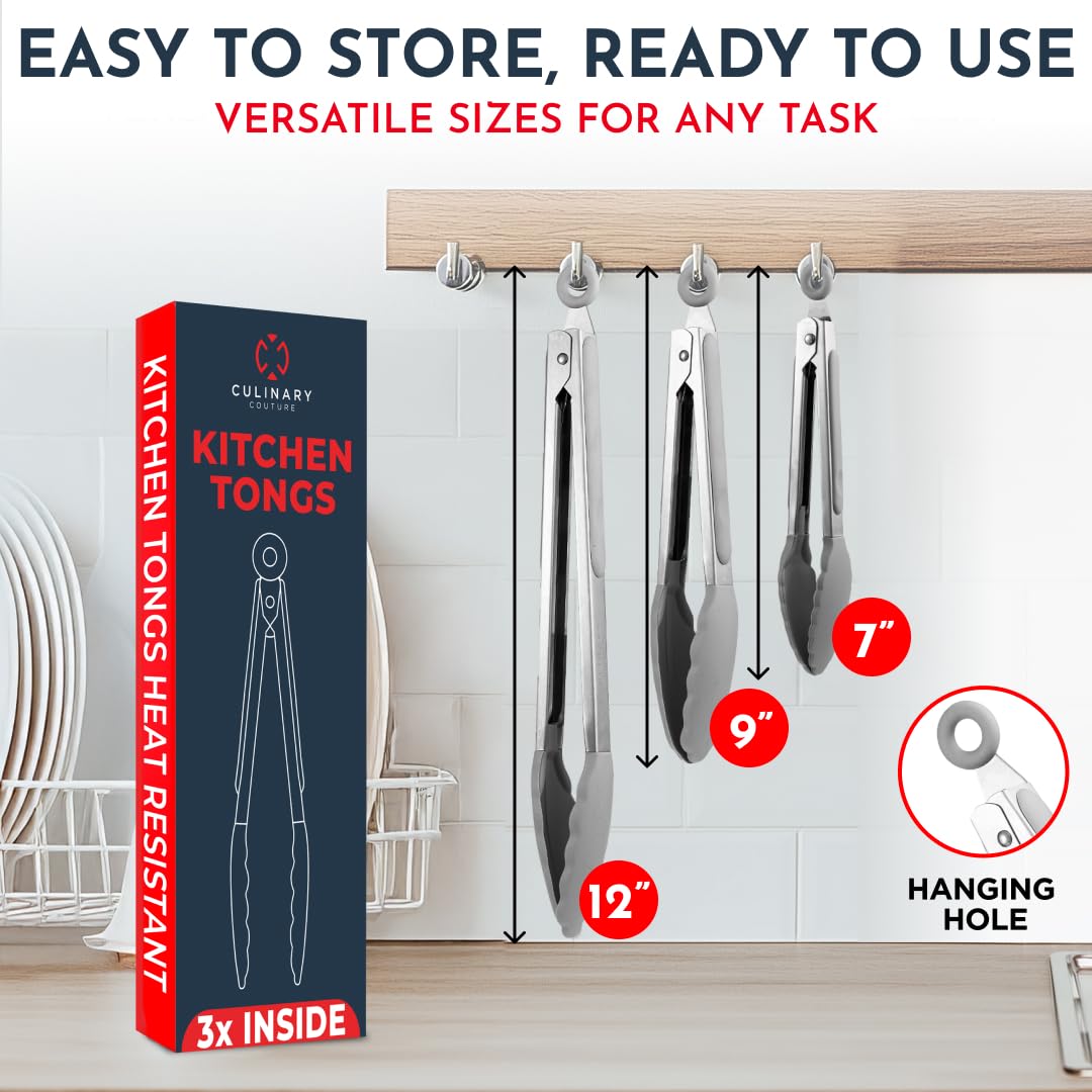 Silicone Kitchen Tongs for Cooking with Silicone Tips, Heat Resistant Tongs for Serving Food, 7-Inch, 9-Inch, 12-Inch Locking Silicone Tongs, Set of 3 Salad Tongs, Grey Kitchen Utensils Culinary Couture