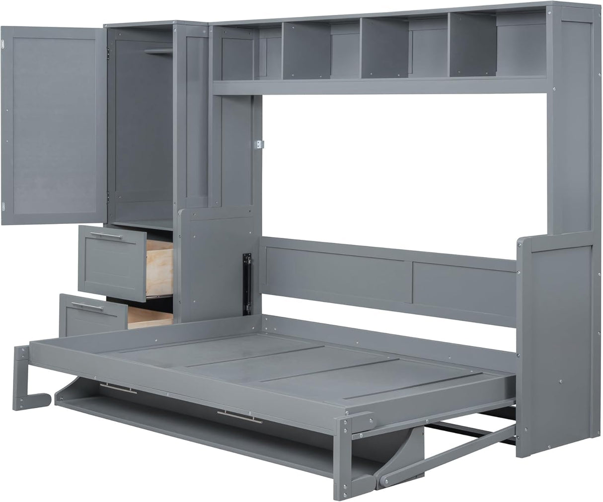 MERITLINE Queen Murphy Bed with Wardrobe Closet,2 Drawer,4 Storage Open Shelves,Wood Folding Murphy Wall Bed Cabinet (Grey) MERITLINE