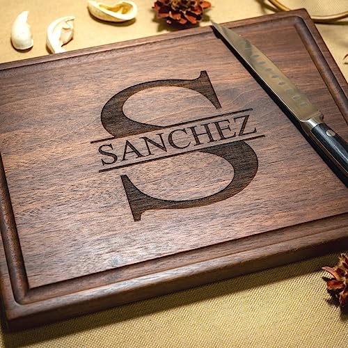 Walnut Artisan Personalized Cutting Boards, Custom Anniversary or Housewarming Gift Idea, Wood Engraved Charcuterie Board for Couples and Newlyweds, Initial Design 050 Walnut Artisan Gallery