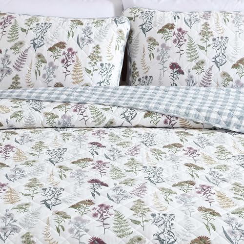 Eddie Bauer - Twin Quilt Set, Reversible Cotton Bedding with Matching Sham, Classic Floral Home Decor with Plaid Reverse (Flower Field Green, Twin) Eddie Bauer