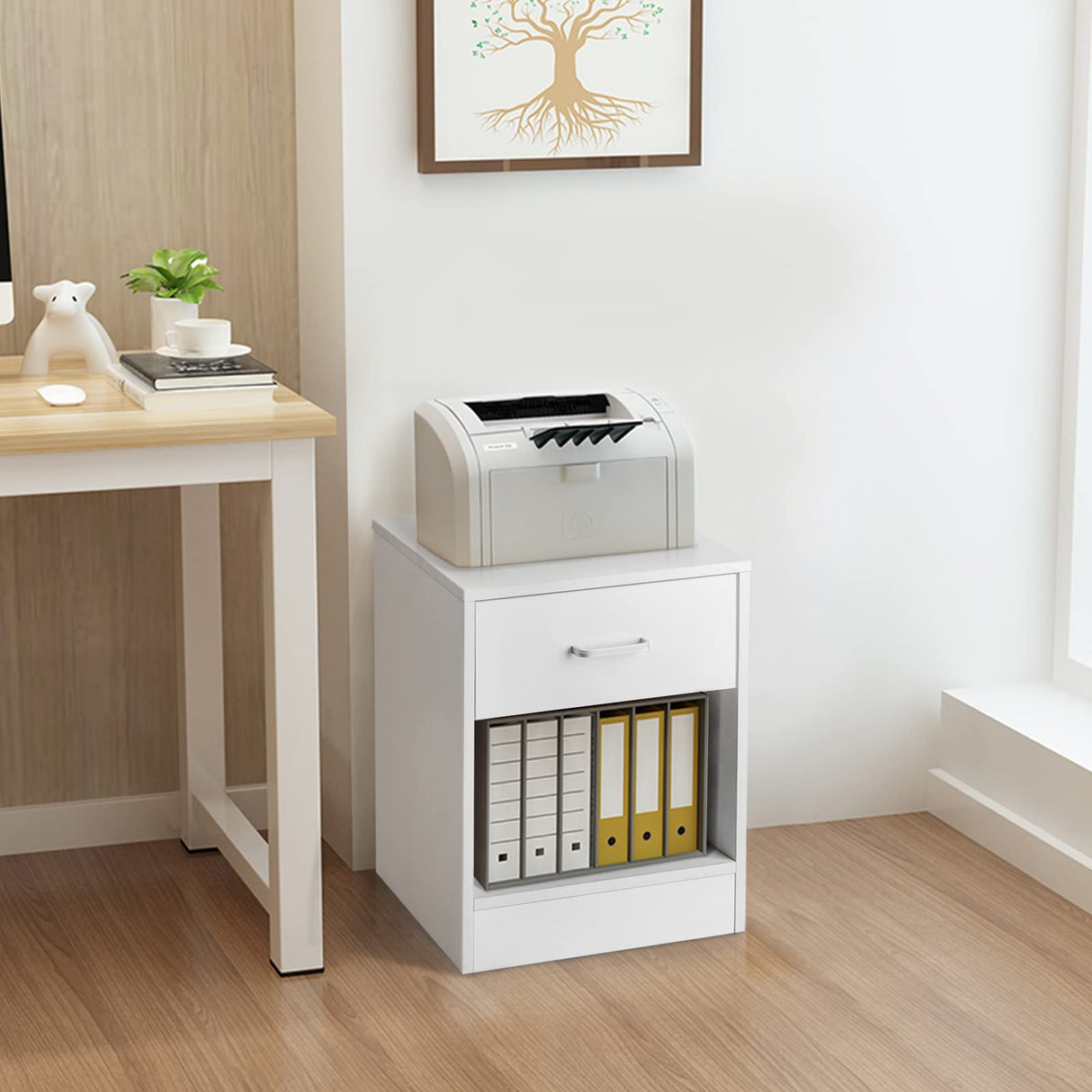 Karl home Nightstands Set of 2 with Drawer for Bedroom, Wood Night Stand Set 2 with Open Shelf, Modern Nightstand Bedside Tables Set of 2, End Table, White Karl home