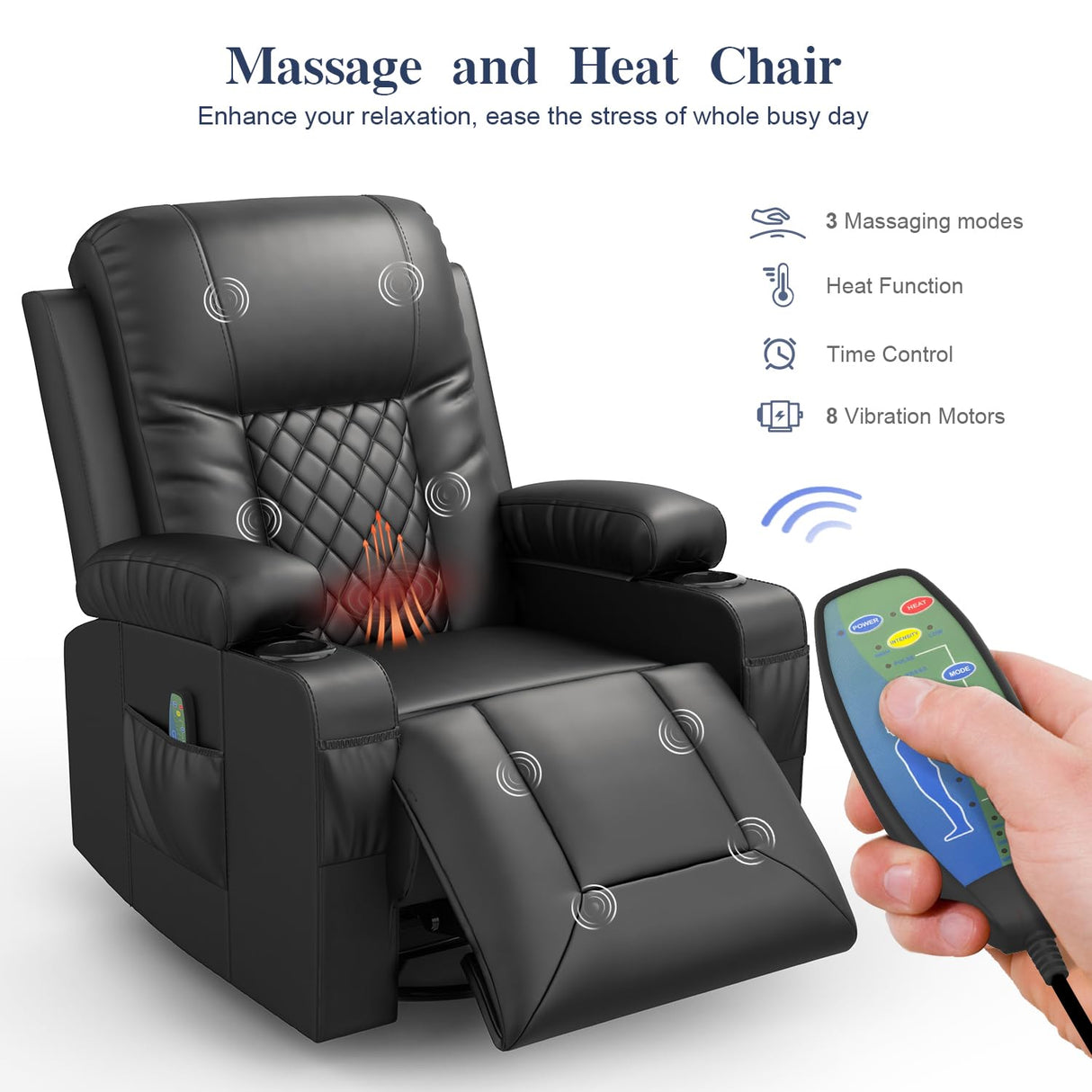 FURNIMAT Recliner Chairs for Adults, Massage Rocker with Heated Modern Ergonomic Lounge 360 Degree Swivel Single Sofa Seat Living Room Lounge Recliners Black FURNIMAT