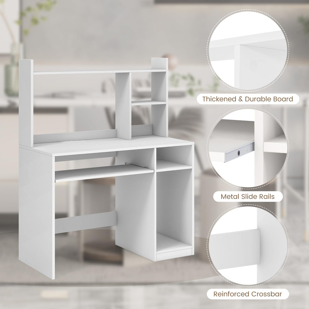 IFANNY White Modern Computer Desk with Hutch, Built-in Charging Station & Ample Storage IFANNY
