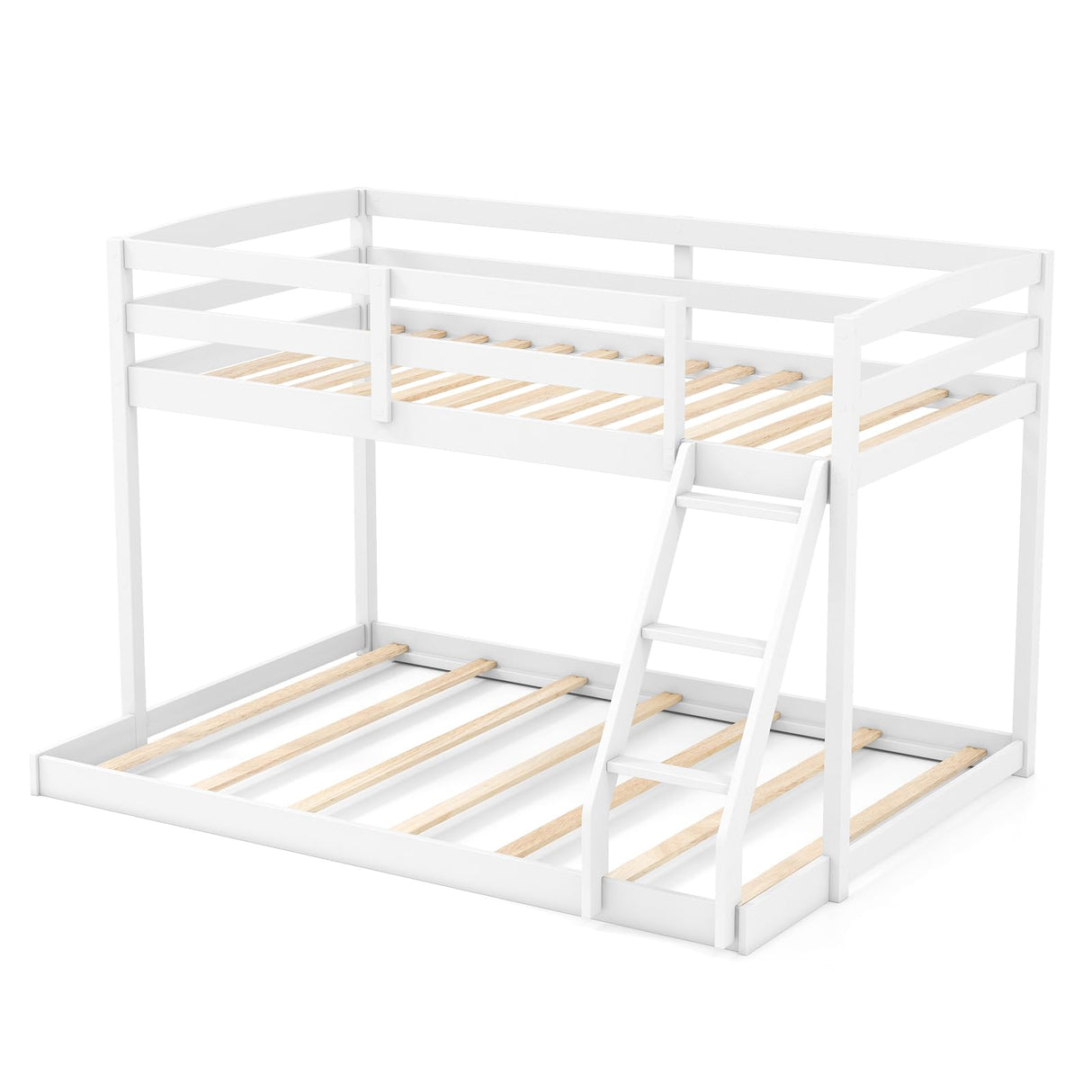 KOMFOTT Low Bunk Bed Twin Over Full, Solid Wood Twin Bed Frame with Built-in Ladder & Safety Guardrails, Space-Saving Low Bunk Bed for Kids, Teens, No Box Spring Needed KOMFOTT