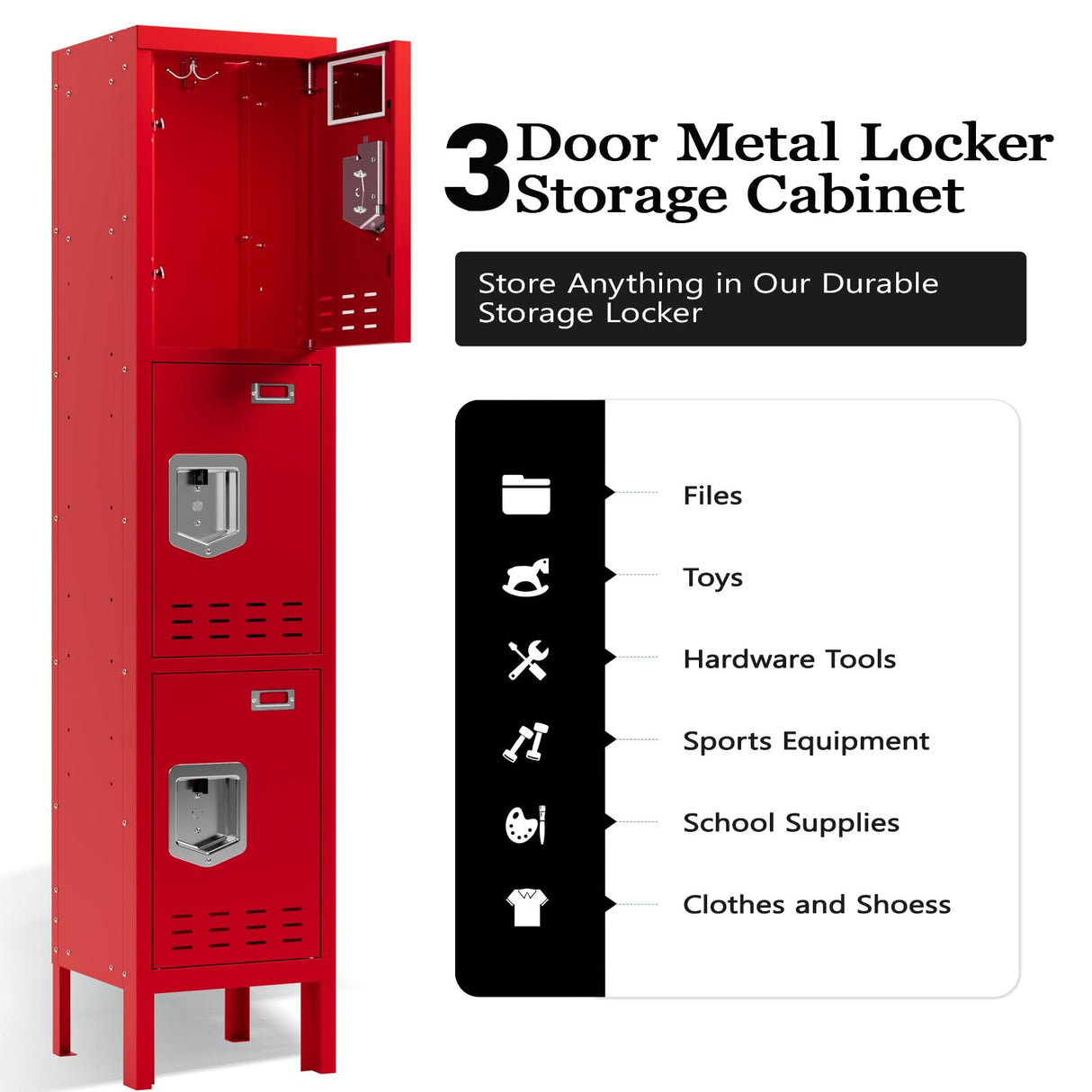 SAPITAL Metal Locker with 3 Doors Employees Locker, Metal Storage Locker with Hooks, 66" Storage Cabinet Lockers for Employees, Home, Office, Gym Requires Assembly (Red) SAPITAL