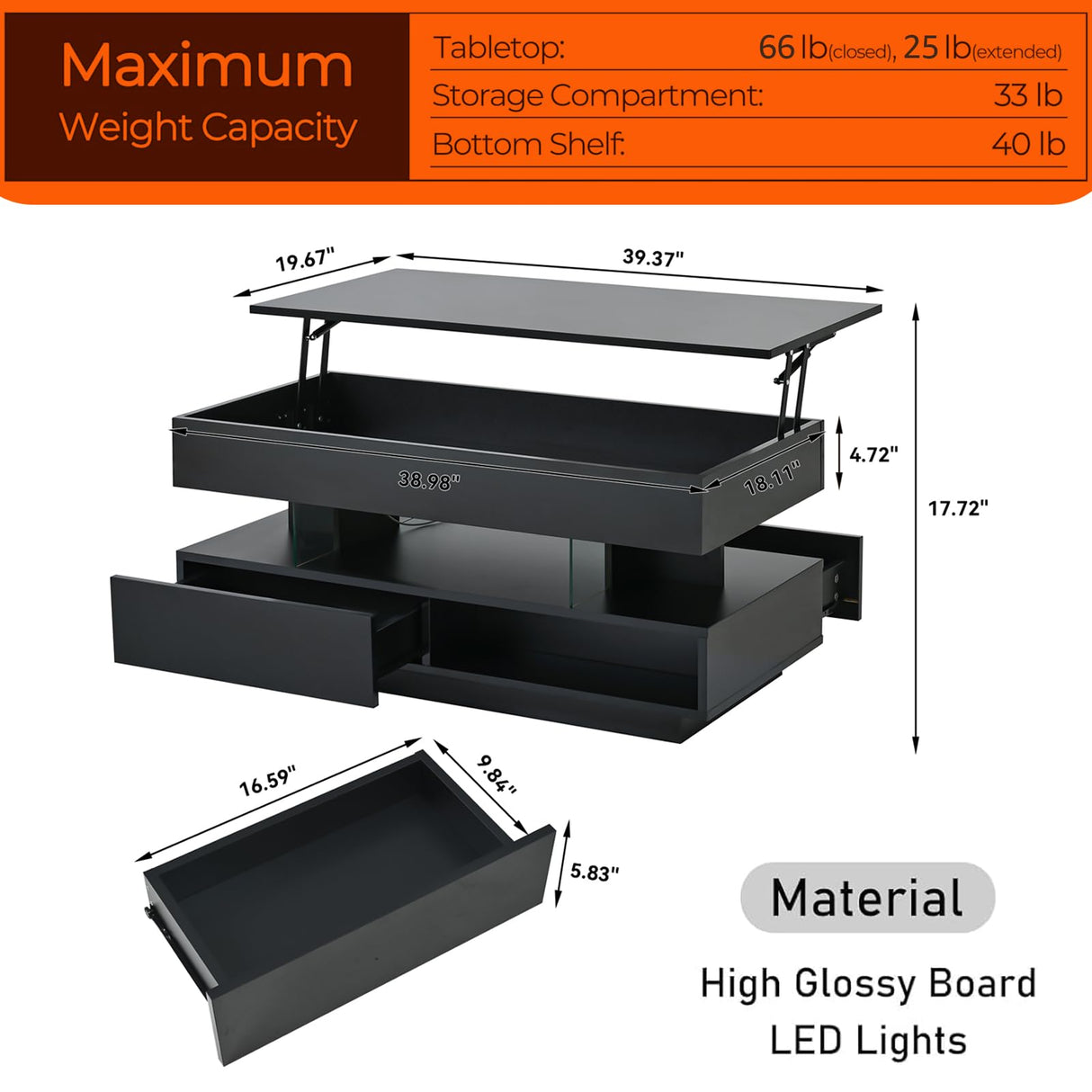 39.37" Lift Top Coffee Table with Hidden Storage & 2 Drawers, Modern High Gloss Center Table for Living Room, Heavy Duty Wood Coffee Table with LED Lights, Apartment Small Space Furniture (Black) Anwick