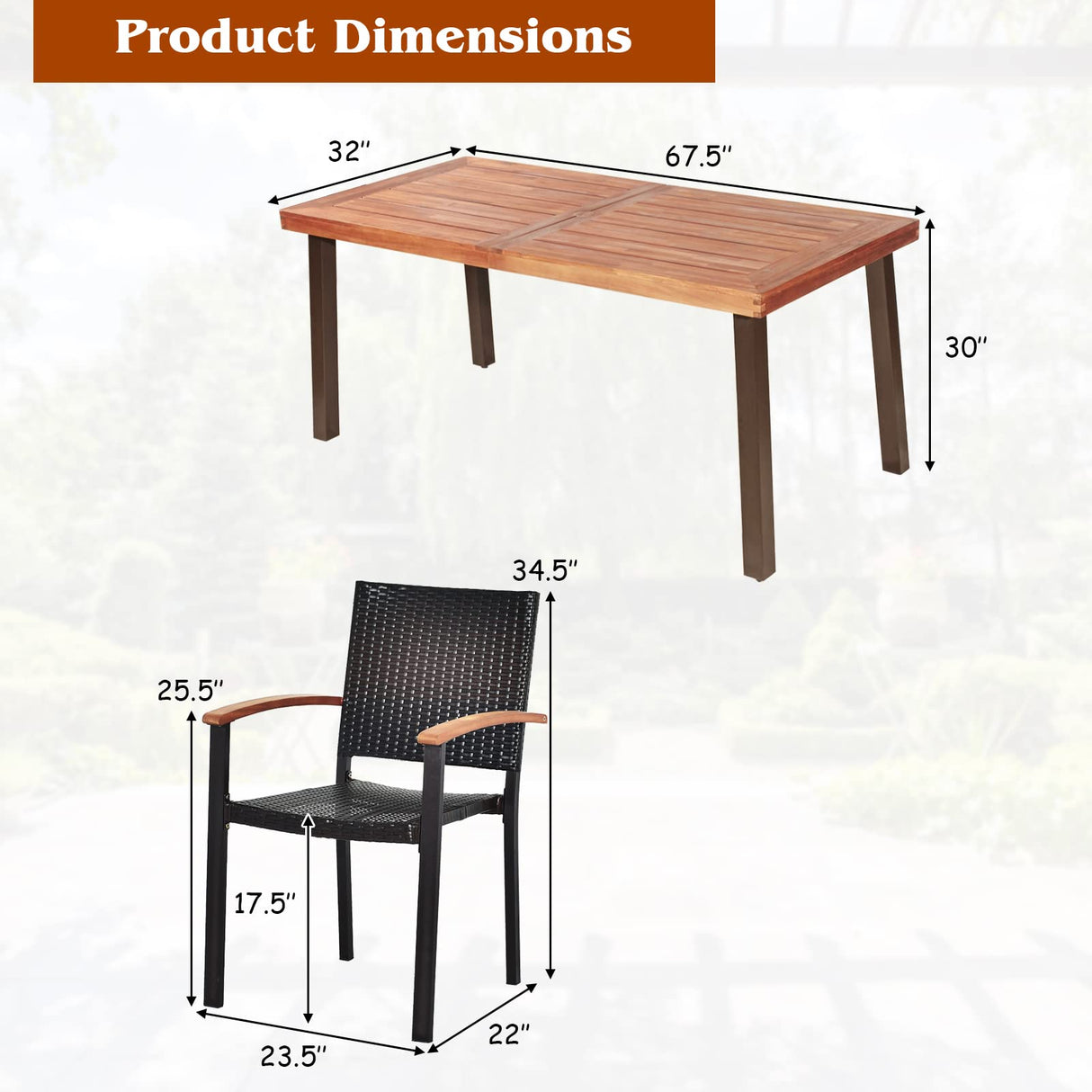 Tangkula 7-Piece Wicker Patio Dining Set, Patiojoy Outdoor Rattan Garden Yard Furniture Set, Acacia Wood Tabletop Dining Table with Umbrella Hole & 6 Stackable Rattan Chairs Set Tangkula