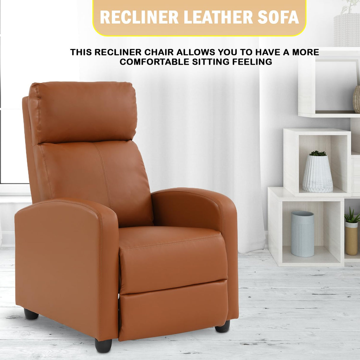 PayLessHere Recliner Chair Single Reclining Sofa Home Theater Seating with Lumbar Support and PU Leather Padded Backrest for Living Room and Bedroom (Tan) PayLessHere