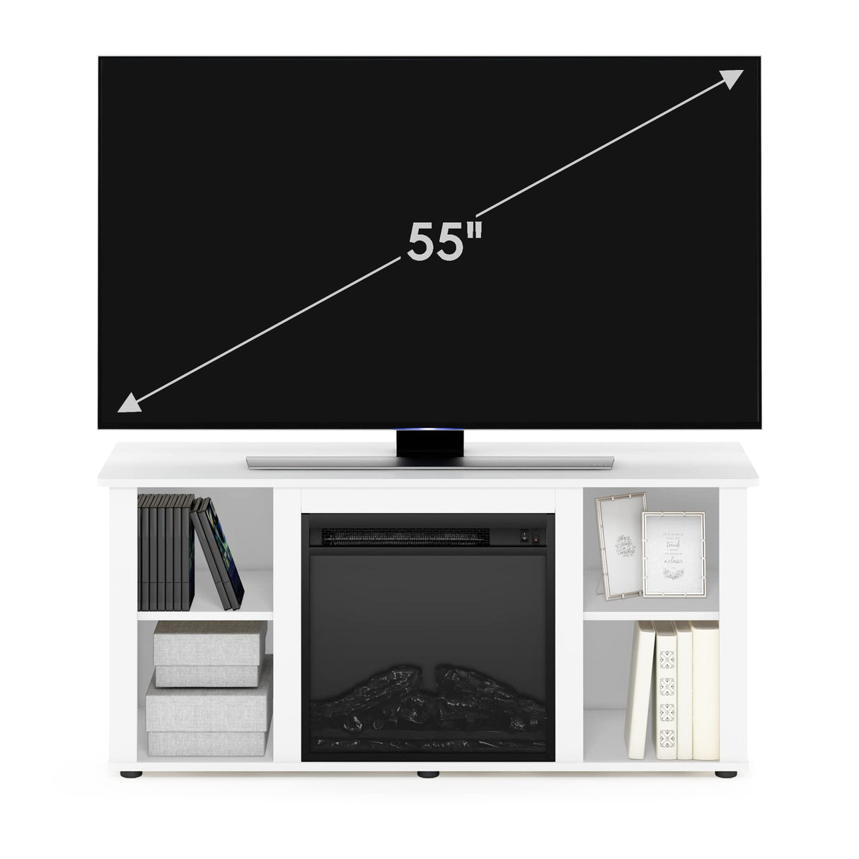 Furinno Jensen Entertainment Center Stand with Fireplace for TV up to 55 Inch, Corded Electric, White Furinno