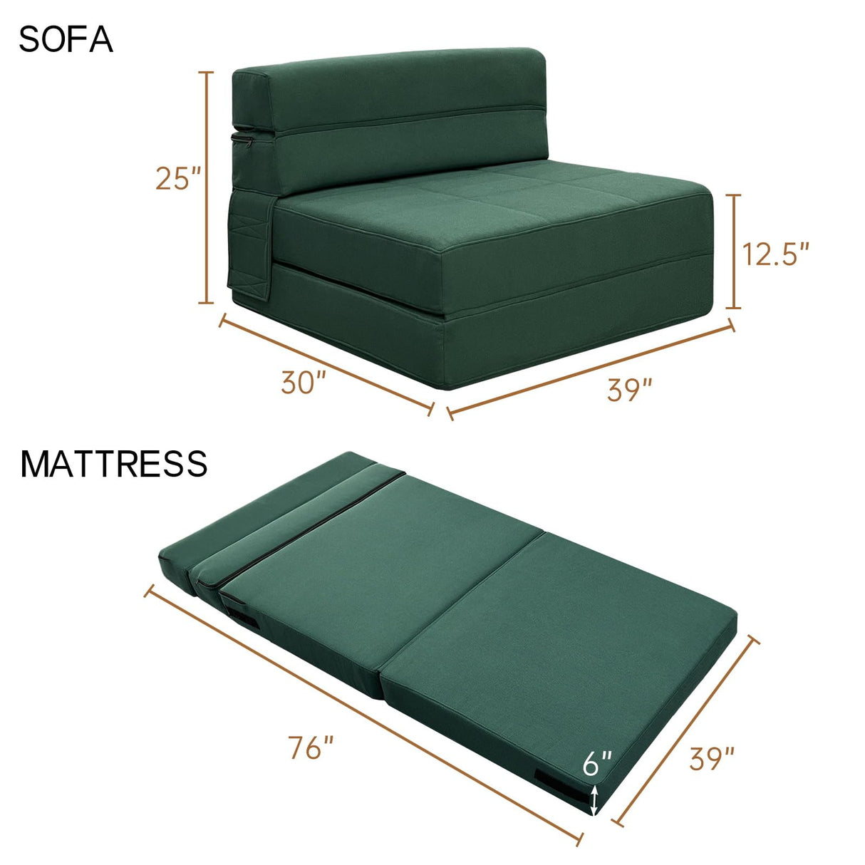 ANONER Memory Foam Fold Out Sofa Bed Couch with Pillow Twin Size Futon Sleeper Chair for Living Room Apartment, Dark Green ANONER