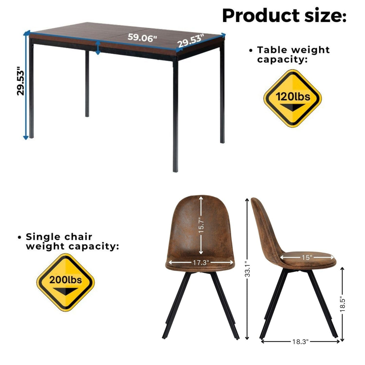 Homy Casa 5 Piece Mid-Century Modern 59" Rectangular Table & Chair Set for Dining Kitchen Room, 4 Upholstered Swivel Chairs in Suede Brown Homy Casa