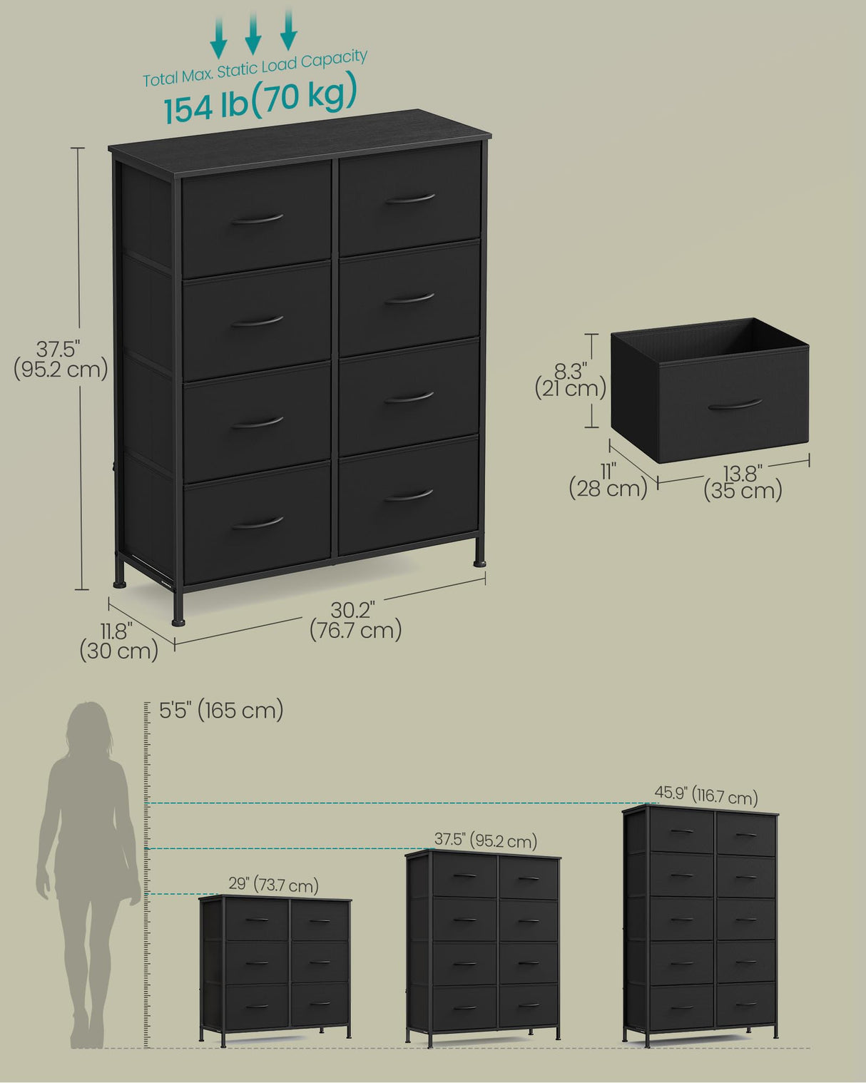 SONGMICS Dresser for Bedroom, Chest of Drawers, Steel, MDF, 8 Non-Woven Fabric Drawers, Storage Organizer Unit, Closet, Entryway, Ink Black and Ebony Black LGS124B01S SONGMICS