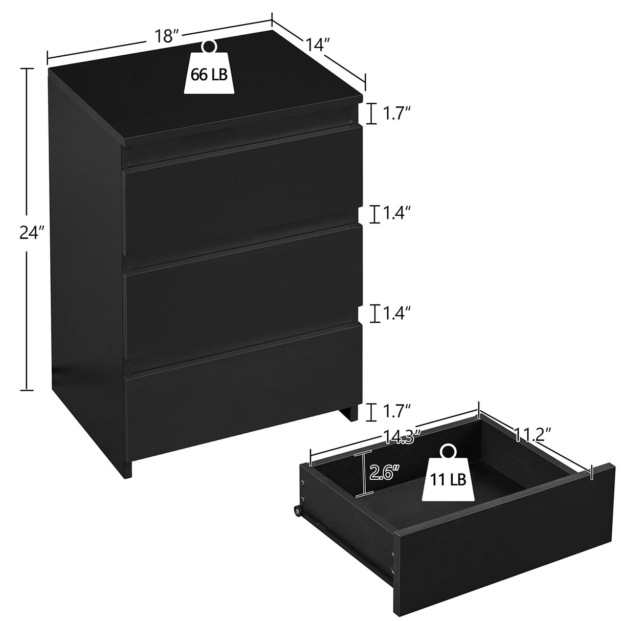 Yaheetech Nightstand with Drawer, 3 Drawers Bedside Table with Sturdy Base, Wood Bedside Cupboard Accent Table with Storage Space for Bedroom, Easy Assembly, Black Yaheetech