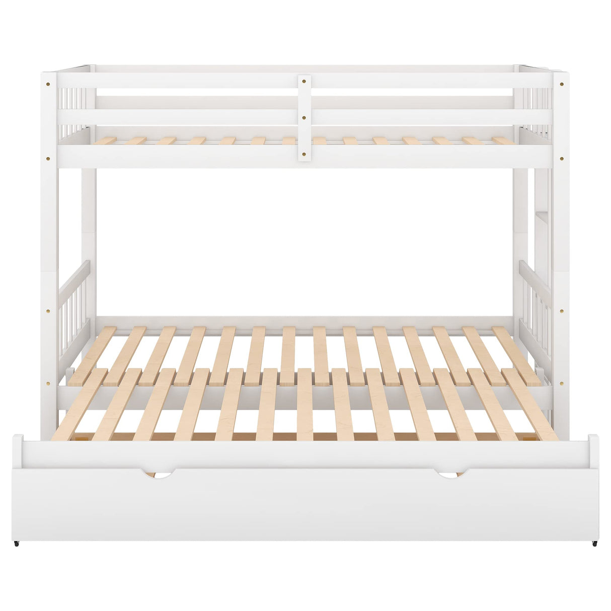 KLMM Twin Over Twin/Queen Wood Bunk Bed with Trundle and Stretchable Down Bed, Accommodate 4 People Extendable Bunk Beds with Ladder and Safety Rail (White/4-in-1) KLMM