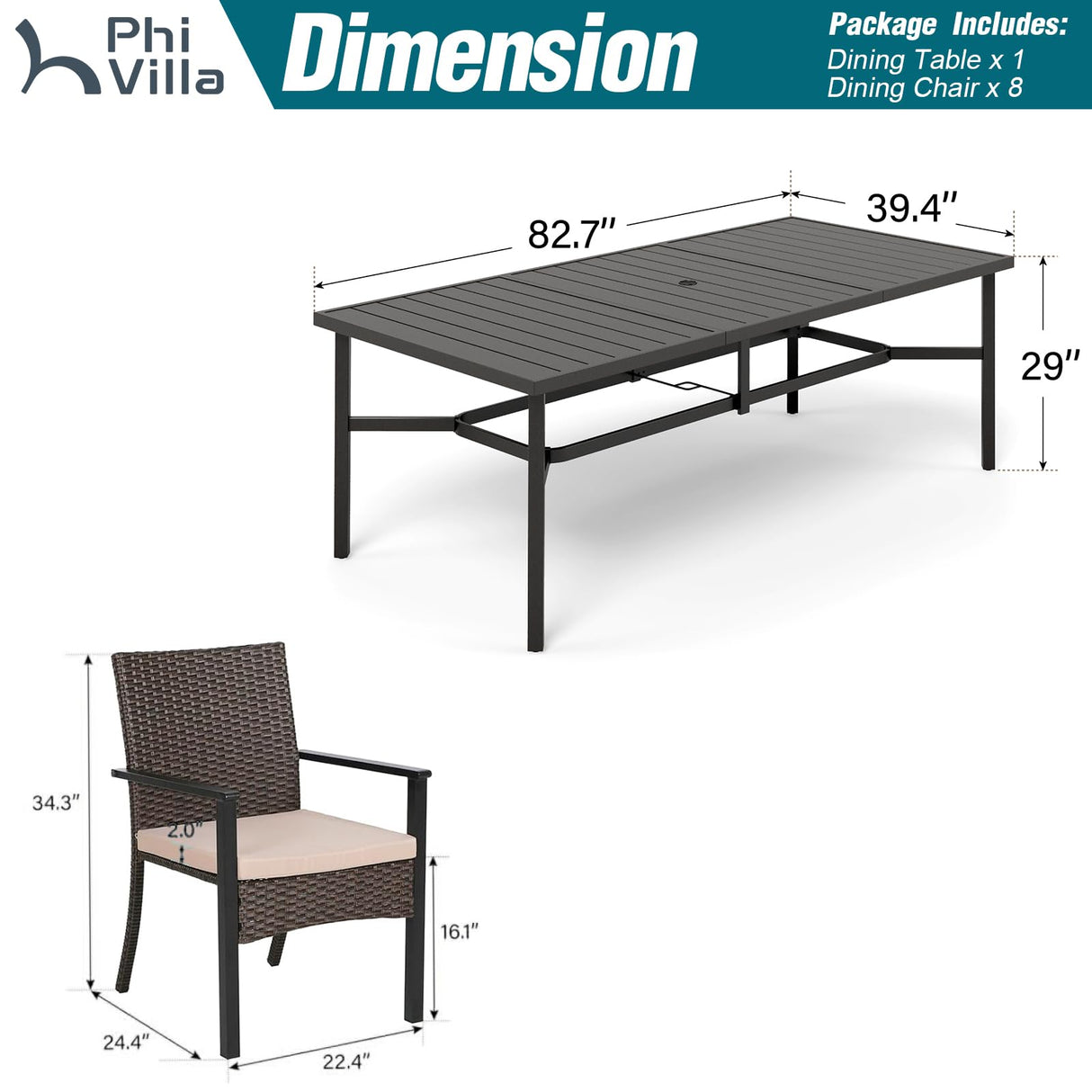 PHI VILLA 9 Pieces Outdoor Dining Set for 8, Large Rectangle Wrought Iron Table with Umbrella Hole & Cushioned Wicker Chairs, Dining Furniture for Patio, Deck, Yard, Porch PHI VILLA