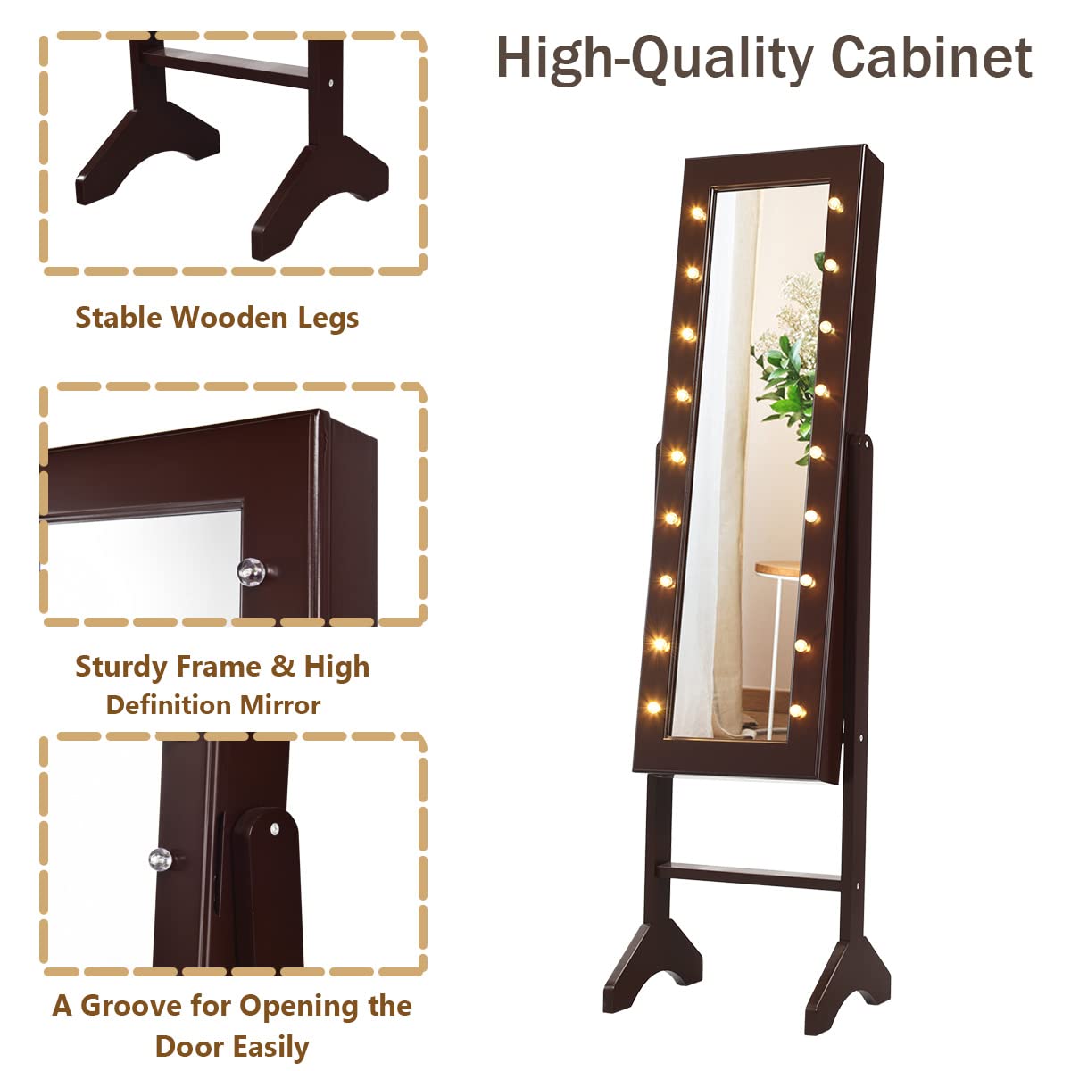 Giantex Standing Jewelry Armoire with 18 LED Lights Around the Door, Large Storage Mirrored Jewelry Cabinet with Full Length Mirror, 16 Lipstick Holders, 1 Inside Makeup Mirror (Brown) Giantex