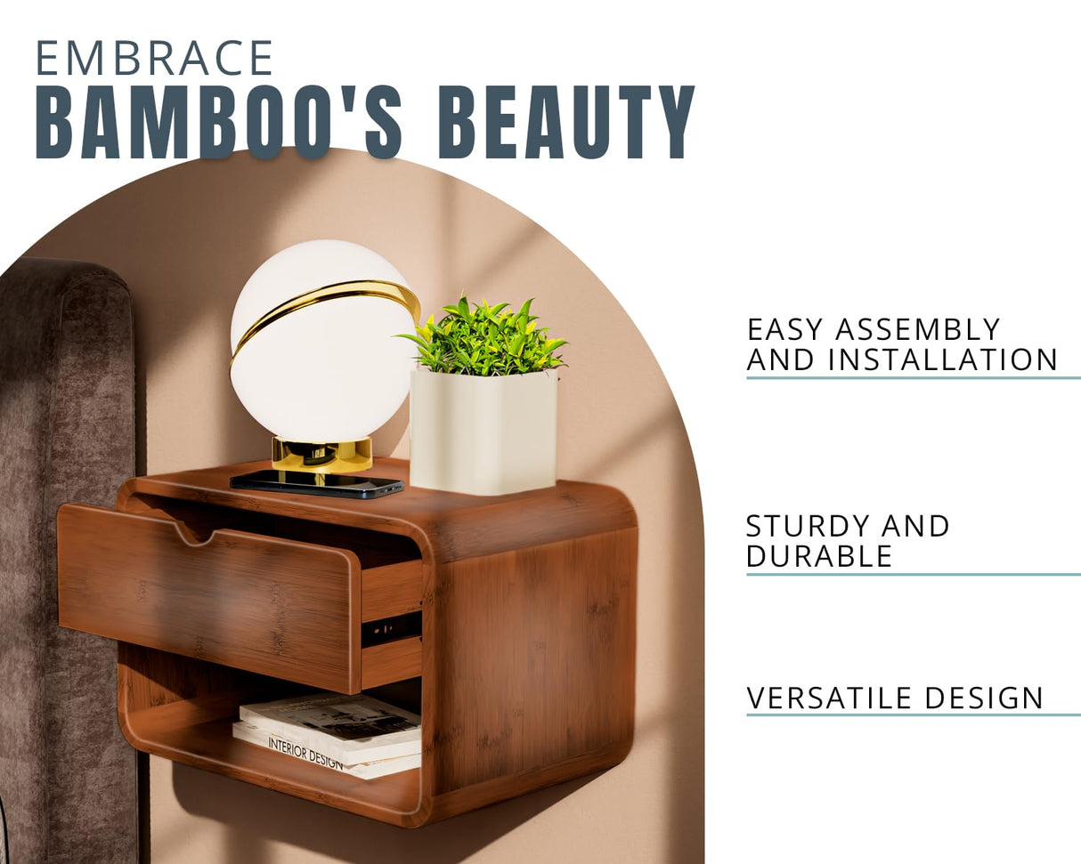 Comfify Modern Nightstand Bamboo Floating Nightstand with Drawer - Brown- Small Nightstand with Midcentury Modern Vibe - Unique Design, Easy Installation, Clear Instructions Comfify