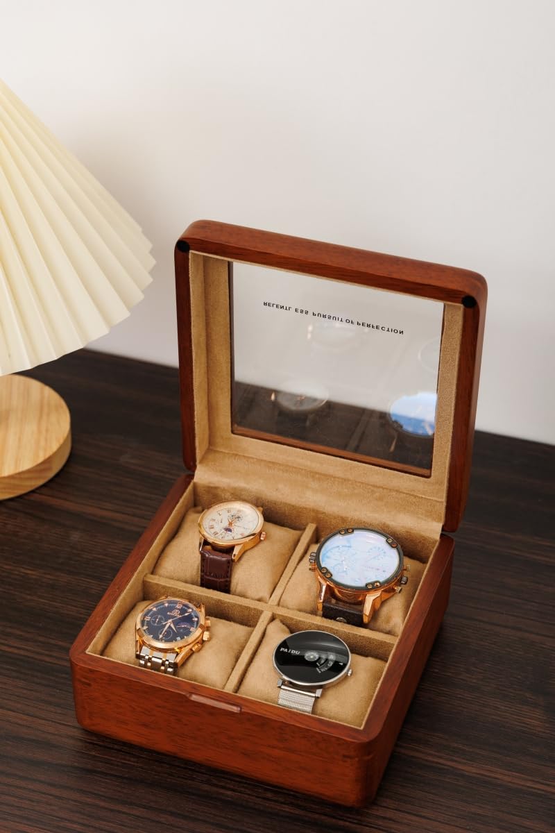 LIBOLXSP Watch Box for Men,4 Slot Wooden Watch Case with Glass Lid, Watch Holder Storage Organizer for Men's Watch Display Watch Travel Case LIBOLXSP