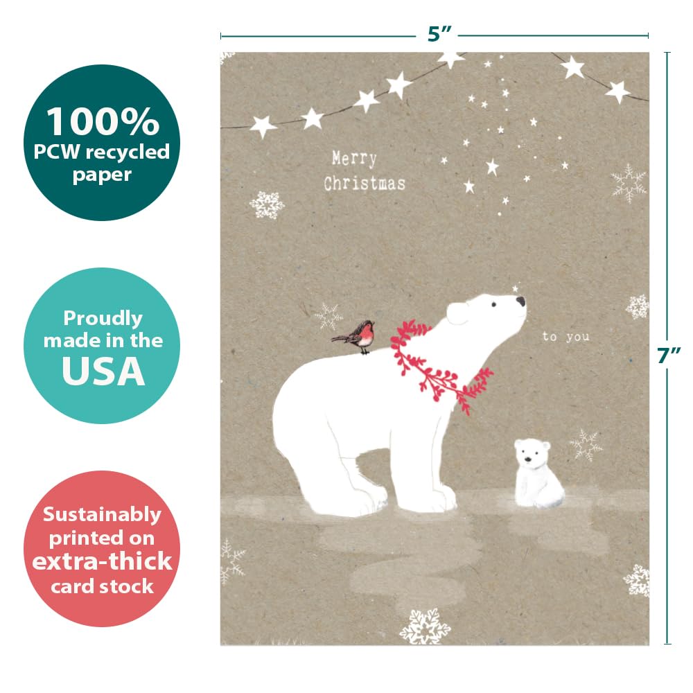 Tree-Free Greetings Holiday Greeting Cards, Polar Bear Merry Christmas, Vintage Brown Recycled Paper, Boxed Note Card Set, 10-Pack (HB93300) Tree-Free Greetings