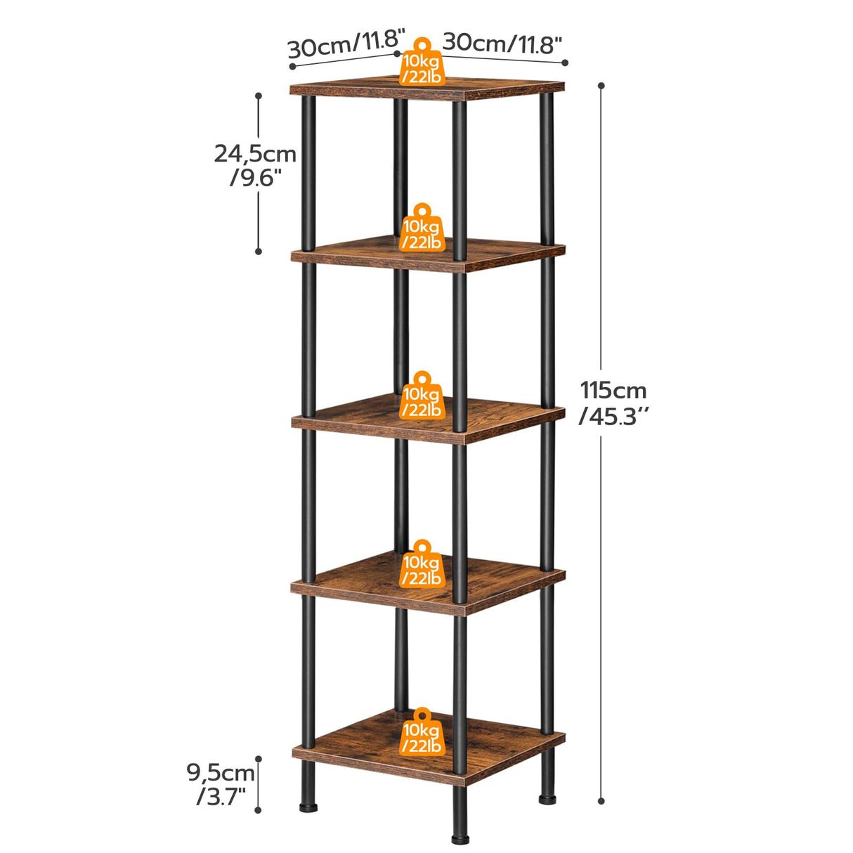 HOOBRO 5-Tier Corner Shelf Stand, Corner Square Rack Display Shelf, Tall Storage Plant Stand, Bookcase for Small Spaces, Living Room, Home Office, Kitchen, Rustic Brown and Black BF50CJ01 HOOBRO