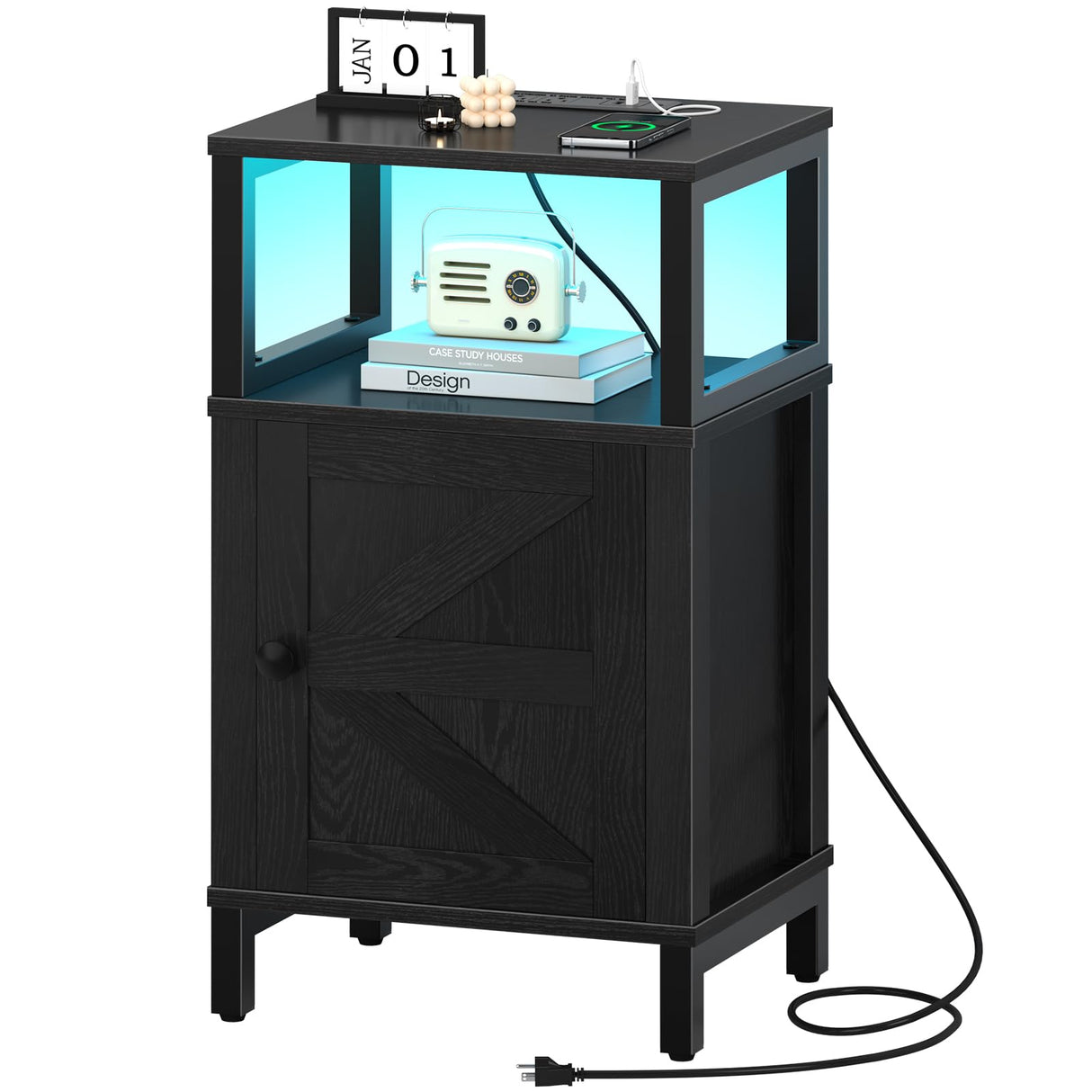 Yoobure Farmhouse Nightstand with Charging Station, Wood Night Stand End Table with USB Ports, LED Bed Side Table with Storage Cabinet, Bedside Table for Bedroom, Living Room Black Yoobure