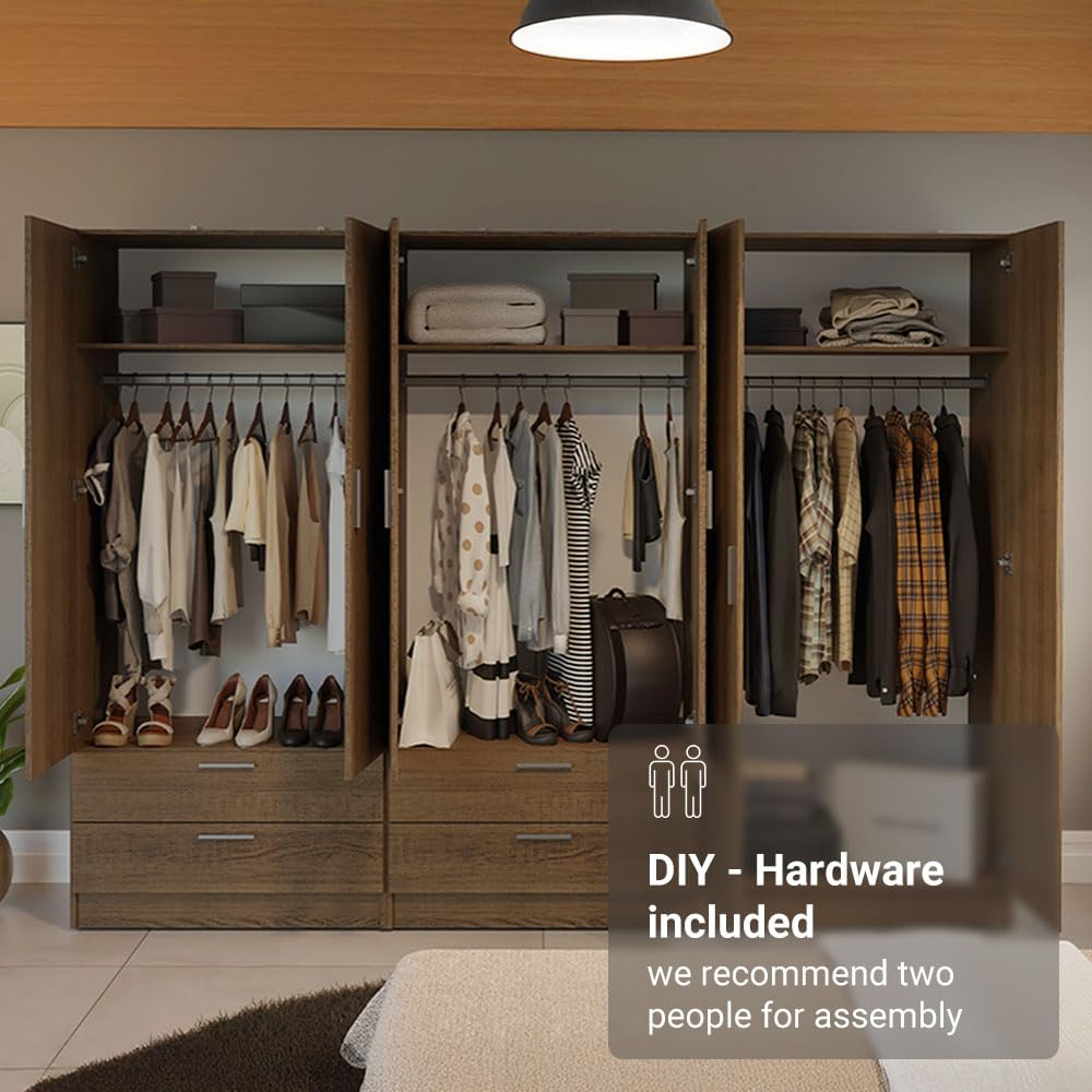 Madesa 6 Doors 4 Drawers Wardrobe Set Armoire Closet Bedroom Storage Cabinet with Shelves and Hanging Space 94" L Wooden Clothing Organizer Unit - Rustic Madesa