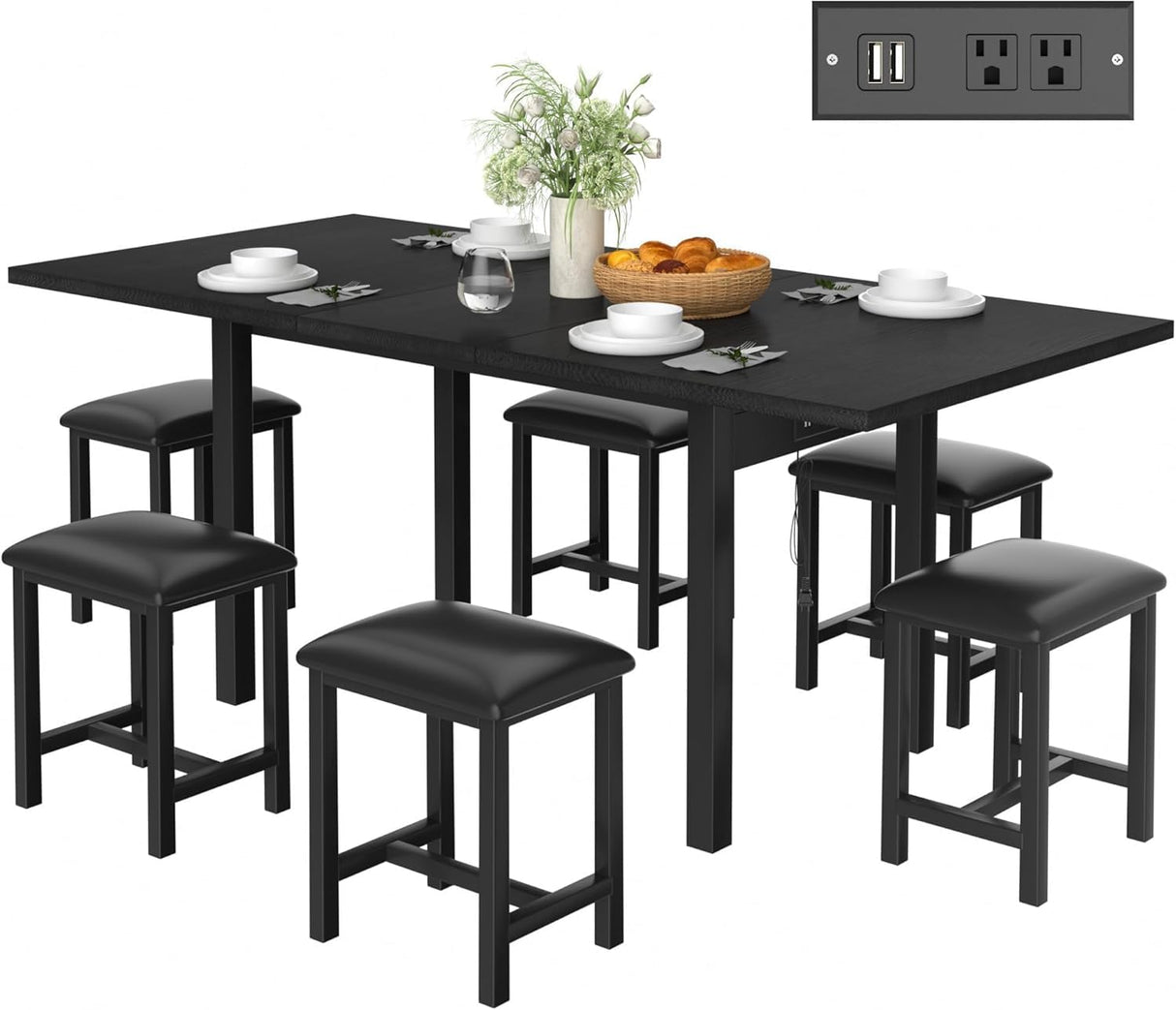 VECELO 7-Piece Dining Table Set with 6 Square Stools, 63" Expandable Kitchen Table with USB Charging & Metal Frame for 2/4/6, Wood Dinette Perfect for Small Spaces, Easy Assembly, Dark Black VECELO