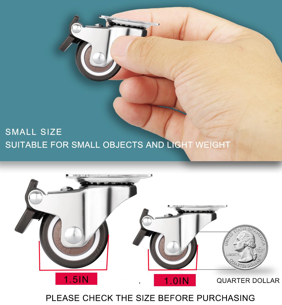 1.5 Inch Caster Wheels for Small Furniture Heavy Duty Casters, Rubber 360º Swivel Casters Set of 4 (2 with Brakes&2 Without), Locking Plate Casters for Carts, Cabinet Moving ZUOFANG