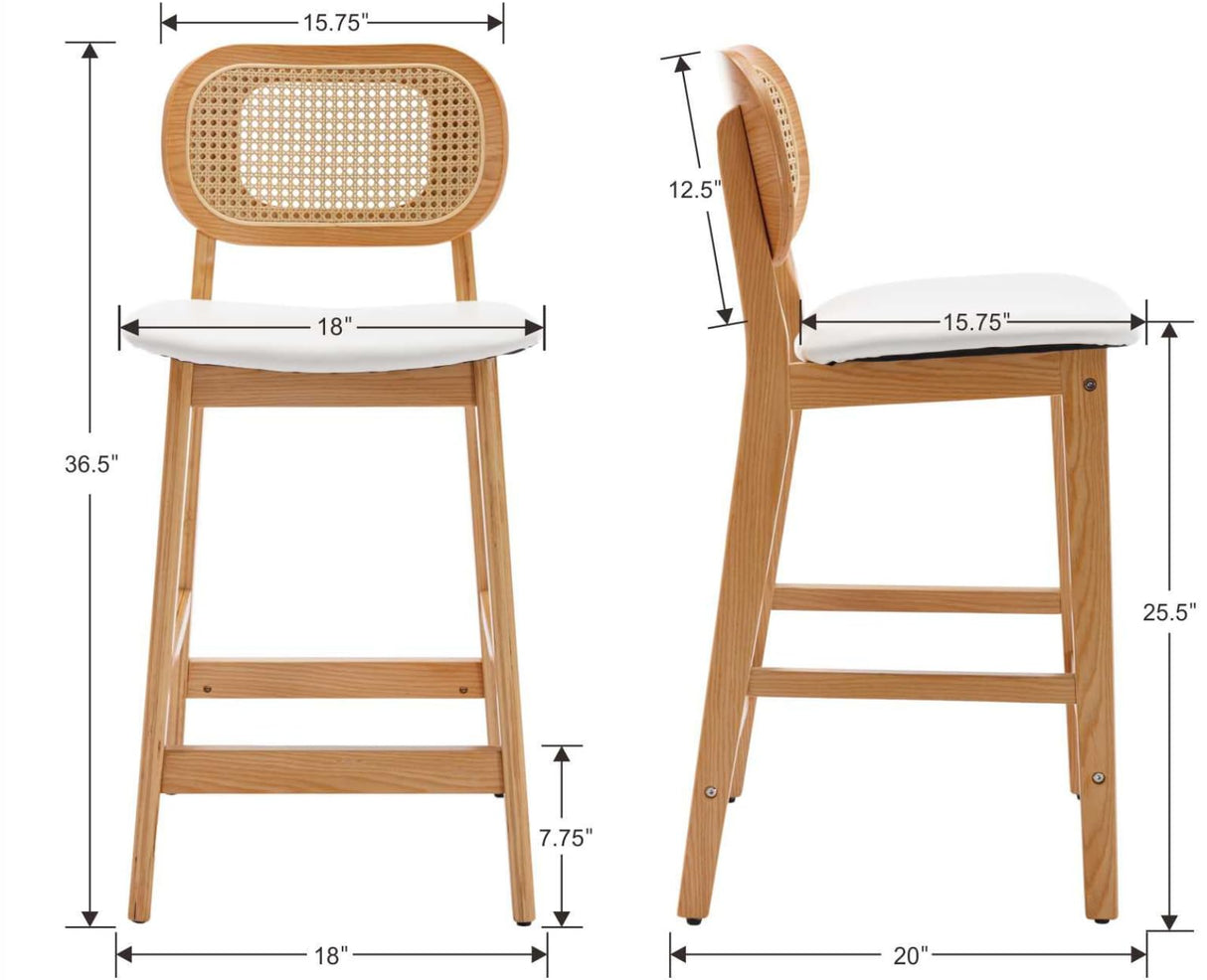 EALSON Counter Height Bar Stools Set of 4 Rattan Back Farmhouse Barstools Mid Century Modern Bar Chairs with Natural Wood Legs Comfortable Leather Upholstered Kitchen Island Chairs, White EALSON