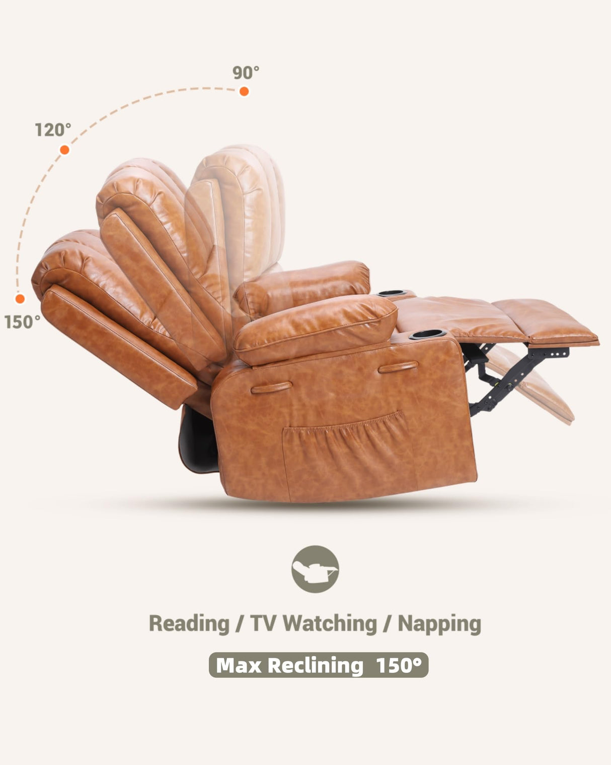 Manual Recliner Chair, Oversized PU Leather Reclining Sofa Chair, Modern Comfy Armchair for Bedroom or Living Room, Leather Recliner Chair for Adults, Stylish Sofa & Relaxing Recliners (Brown) GarveeLife